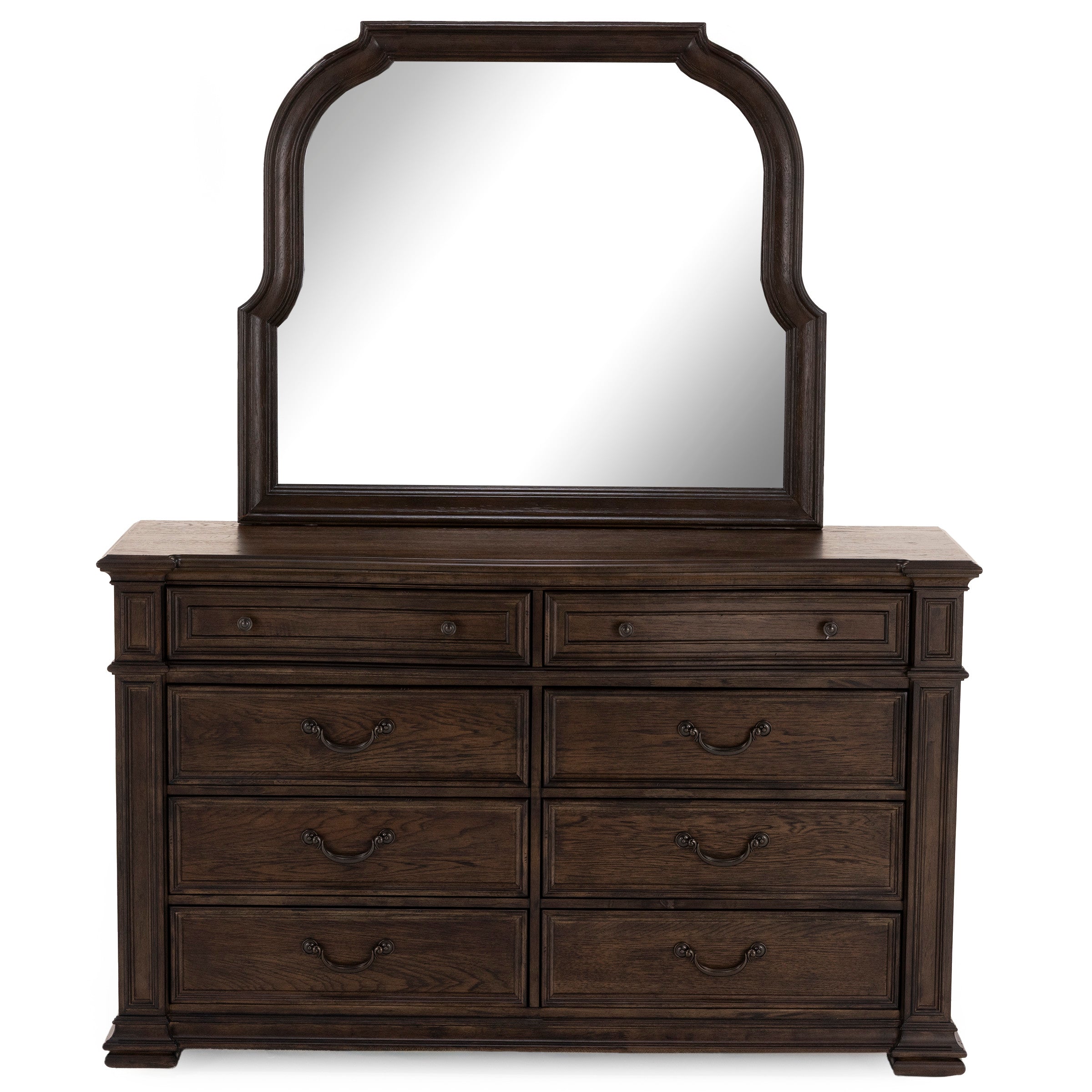 Dark wood dresser with eight drawers and a large matching framed mirror.