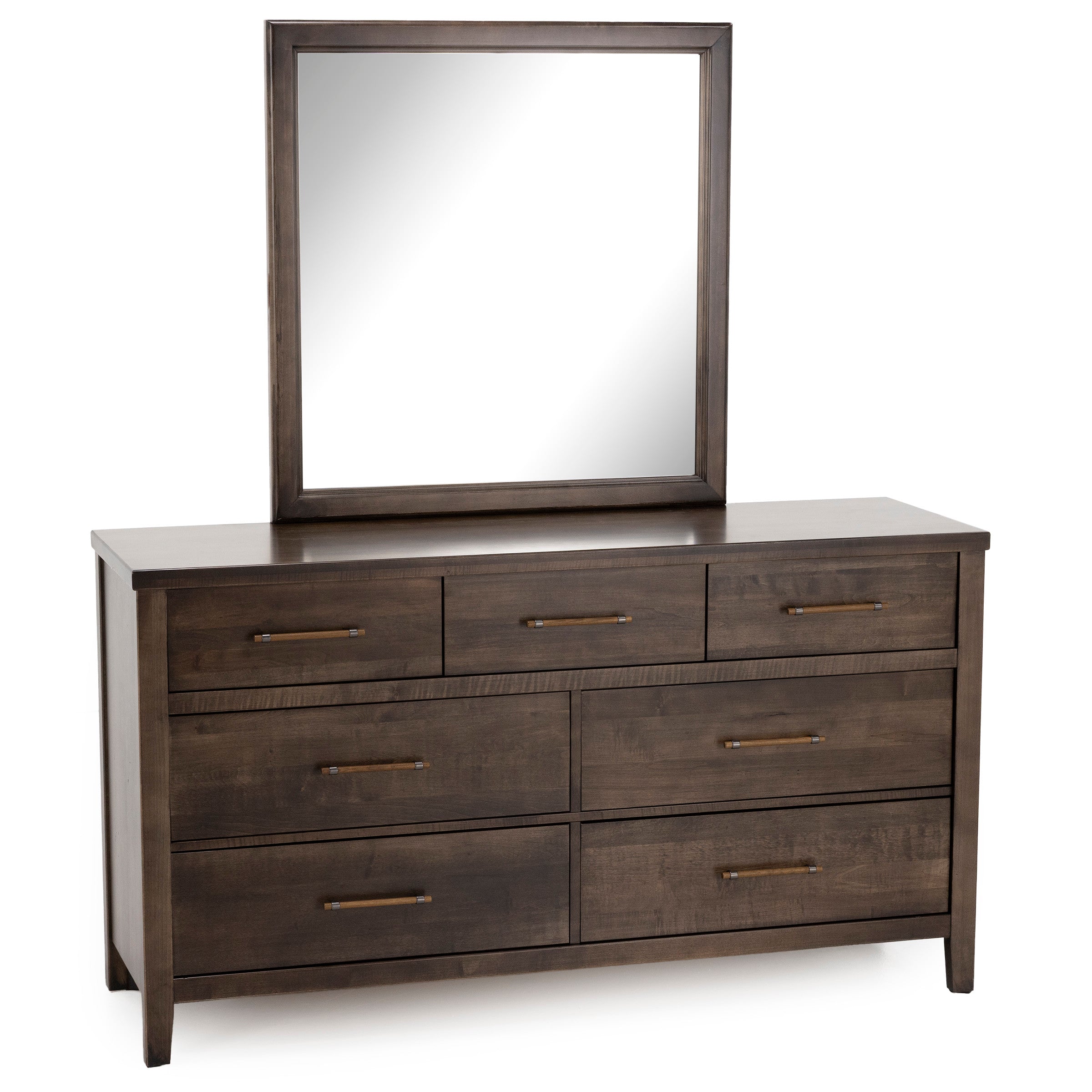 Dark wood dresser with seven drawers and attached rectangular mirror.