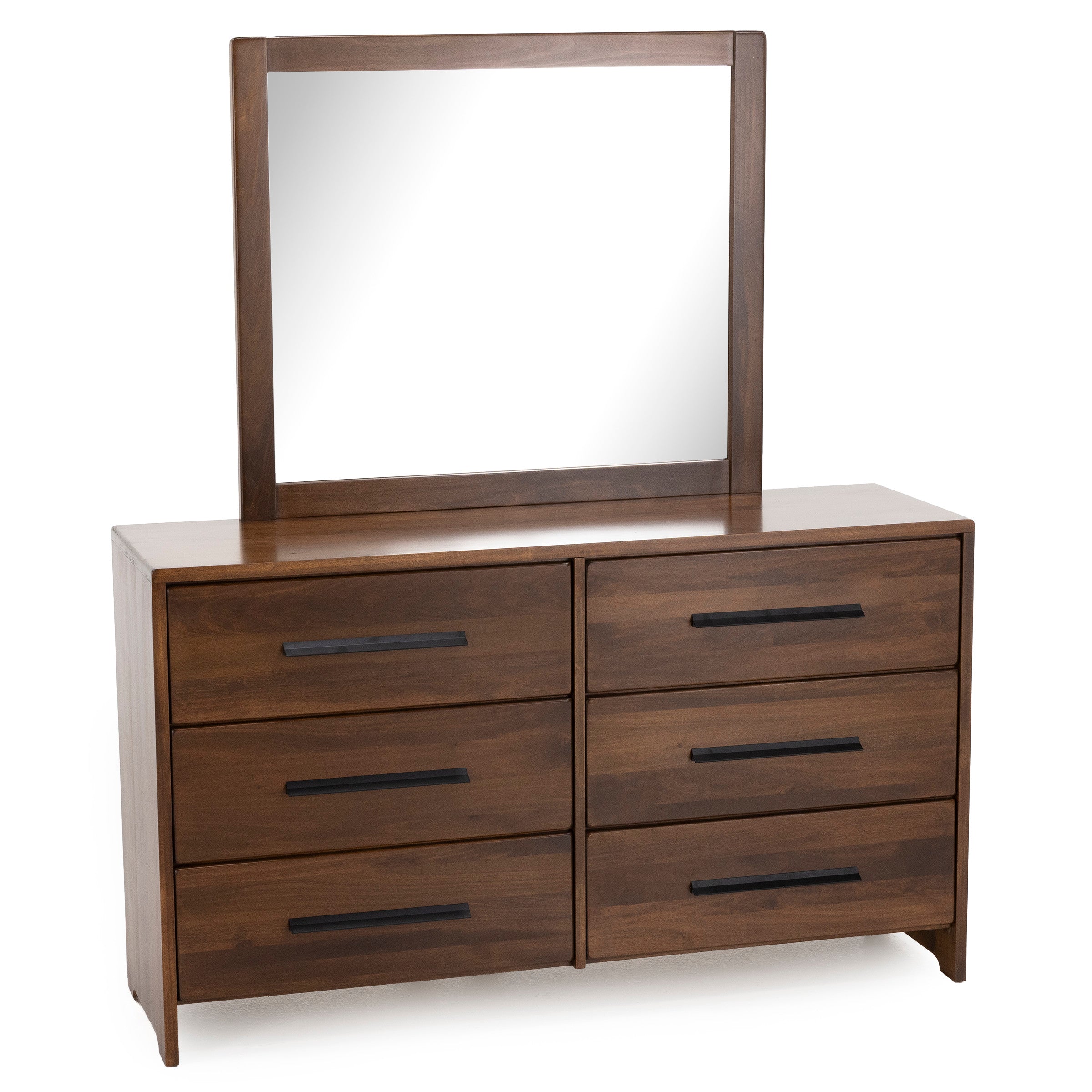 Wood dresser with six drawers and attached rectangular mirror.