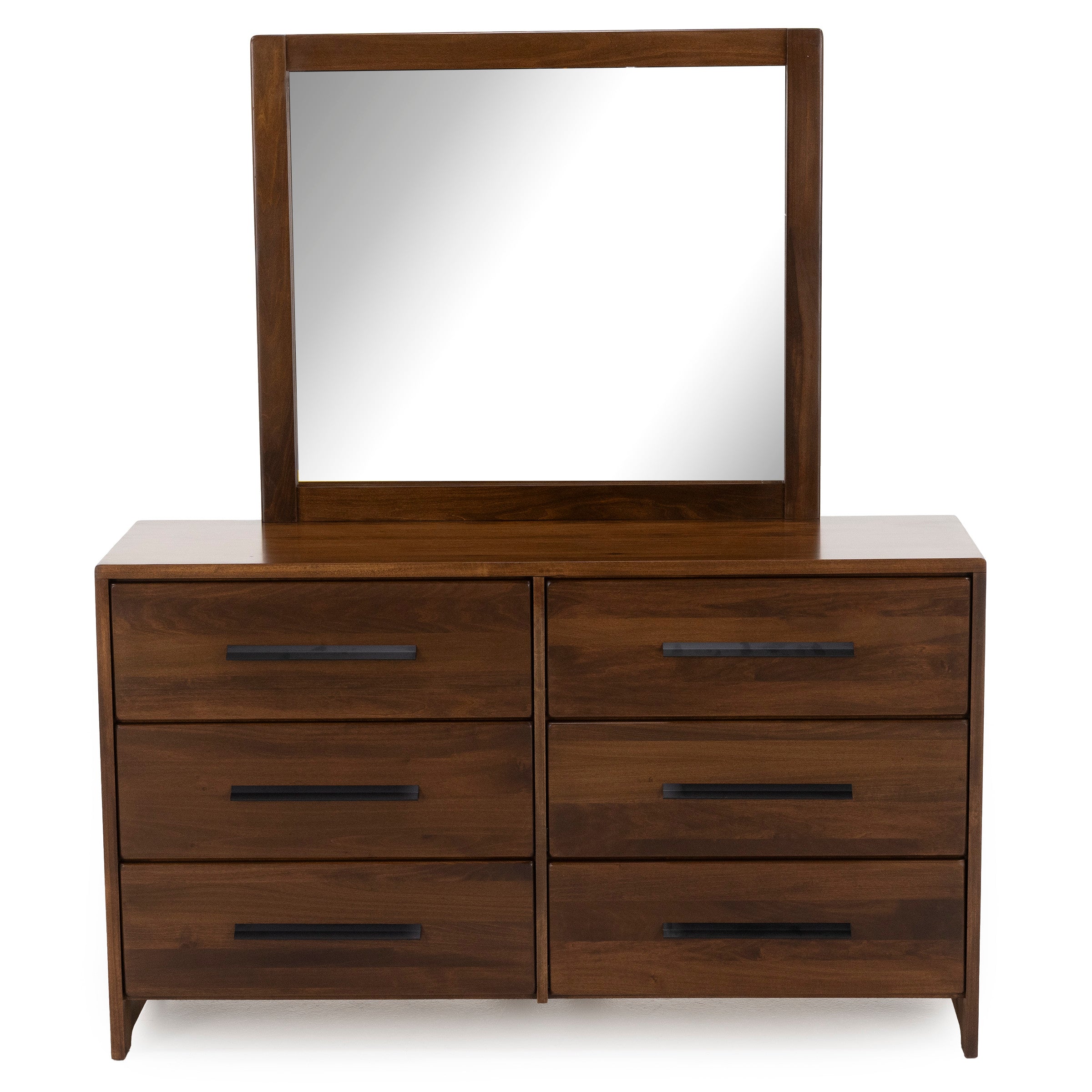Mid-century modern dresser with six drawers and attached rectangular mirror.