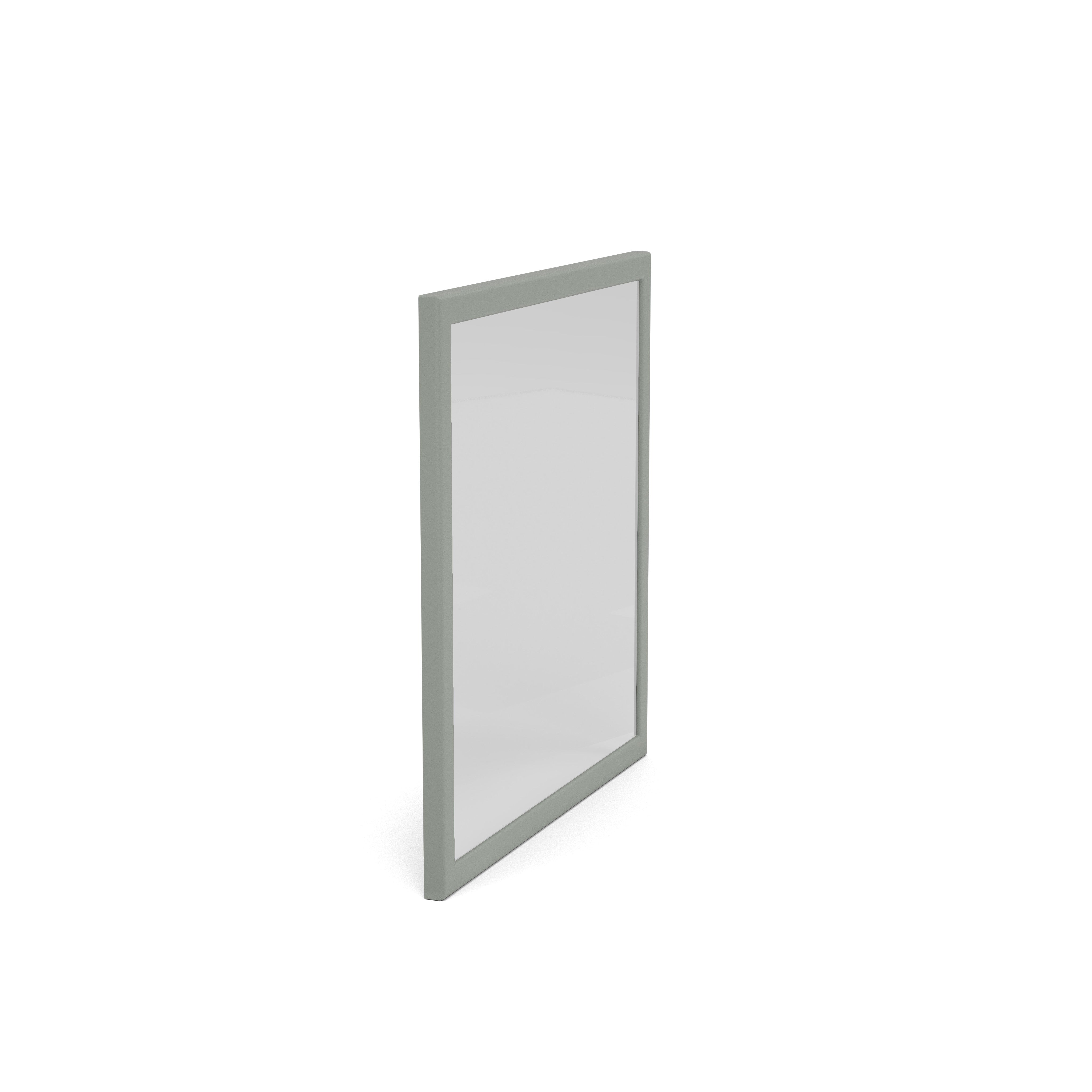 Angled view of a rectangular, gray-framed clear panel against a white background.