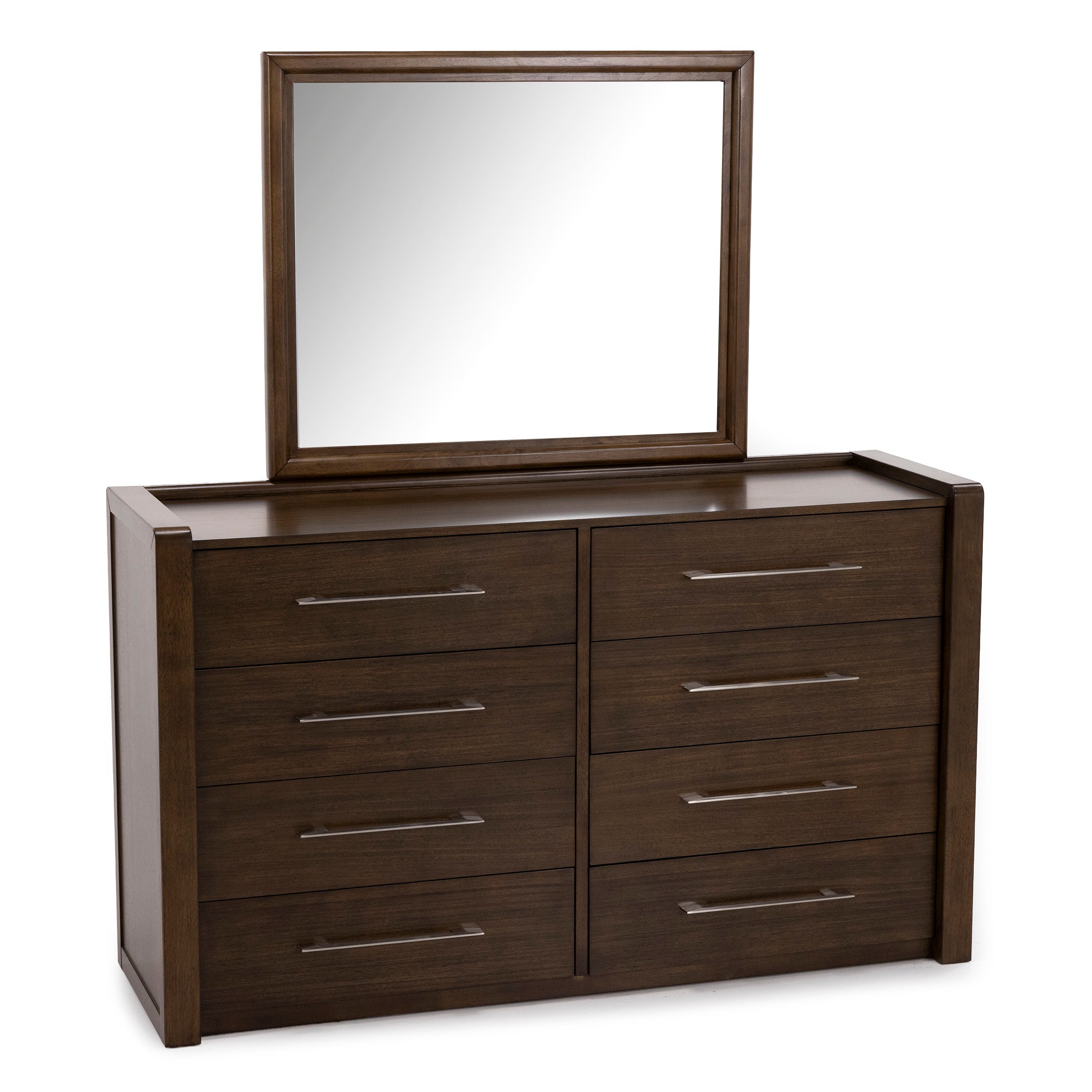 Dark wood dresser with six drawers and matching mirror.