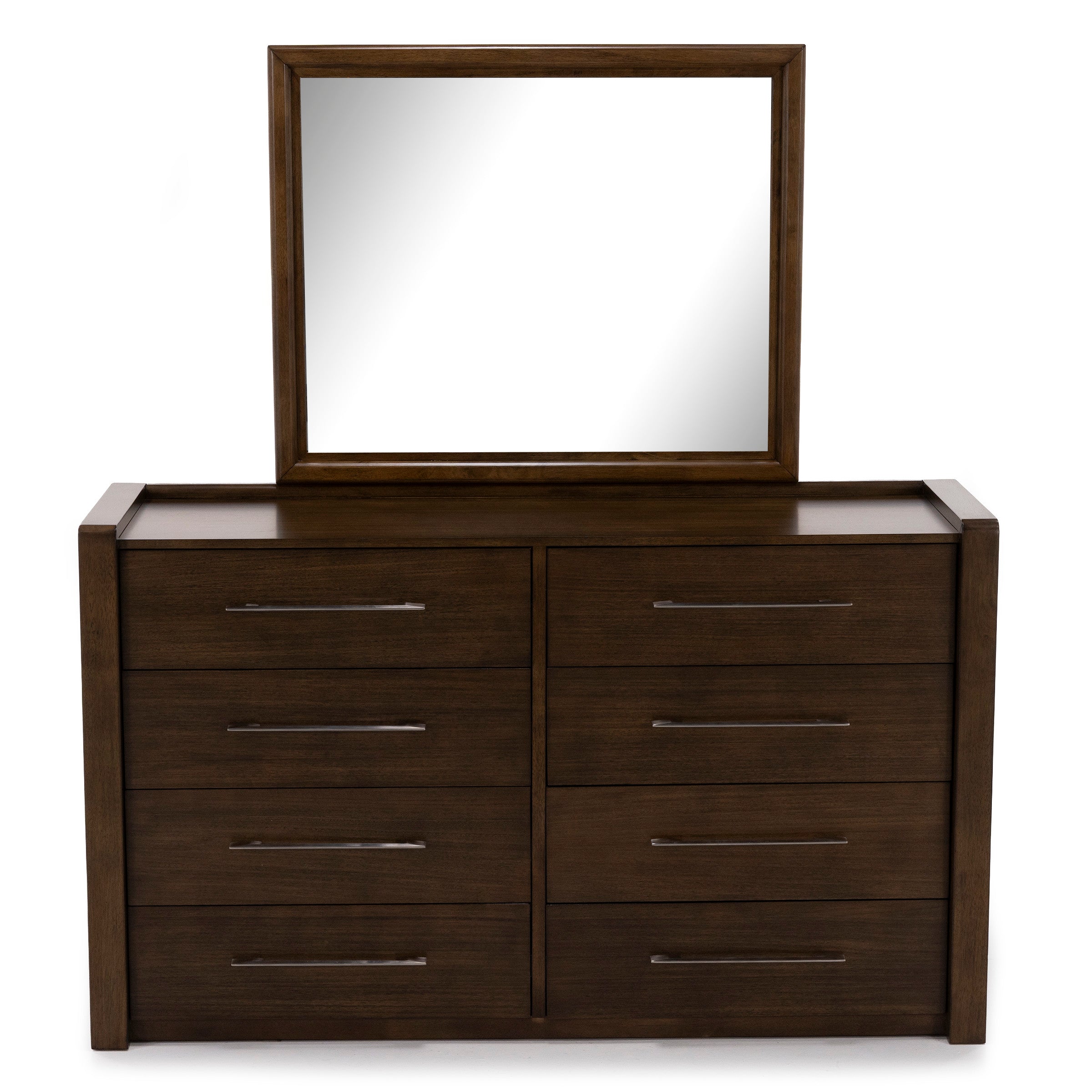 Dark wood dresser with eight drawers and a matching framed mirror.
