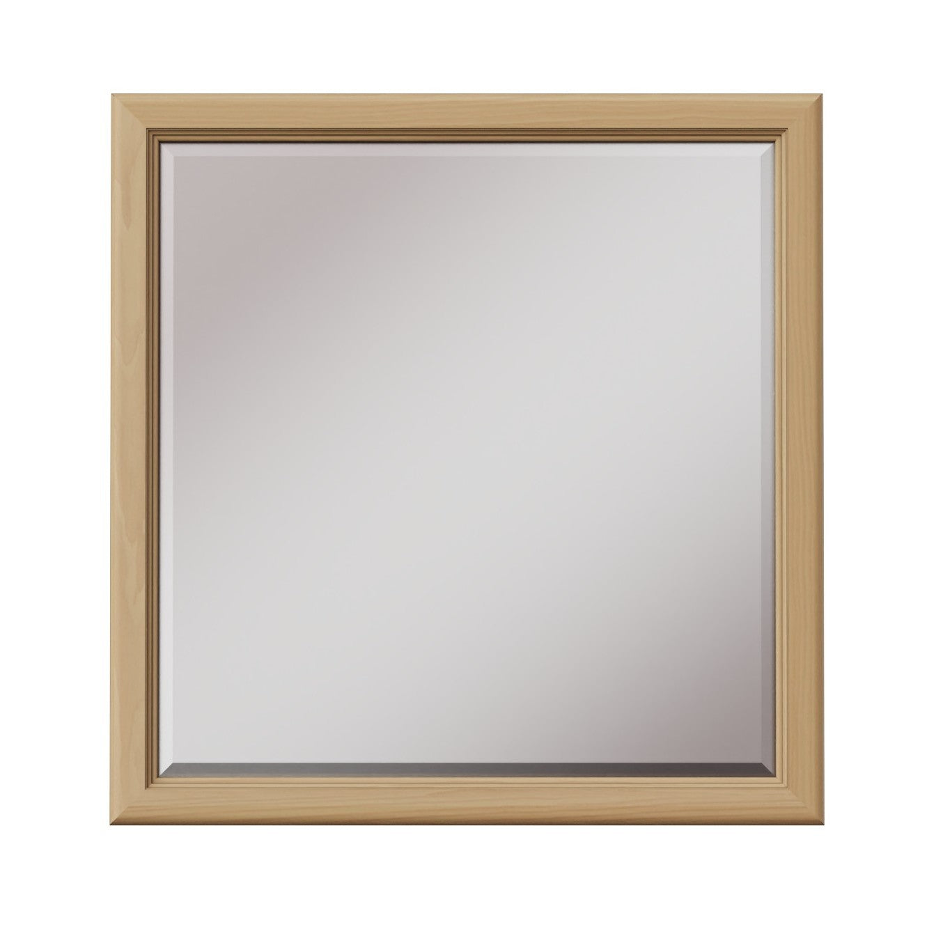 Square wall mirror with a light wood frame.