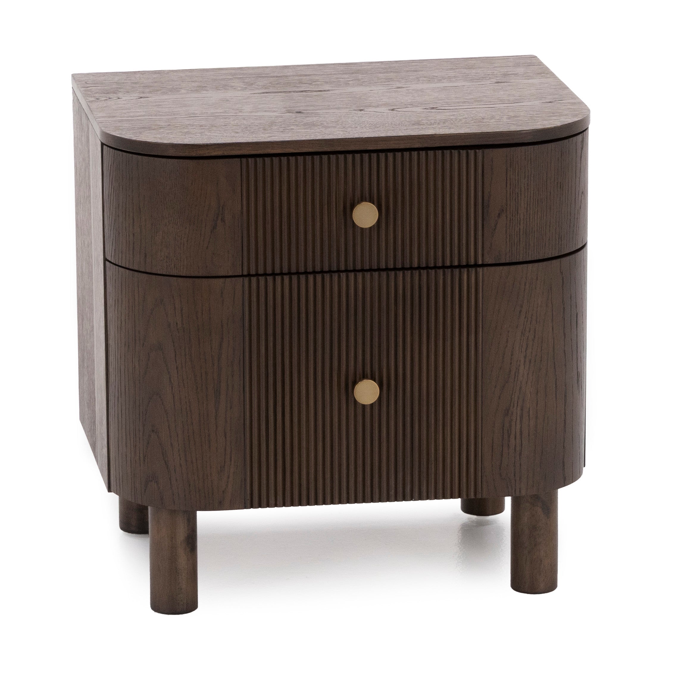 Dark wood nightstand with two drawers and gold knobs.