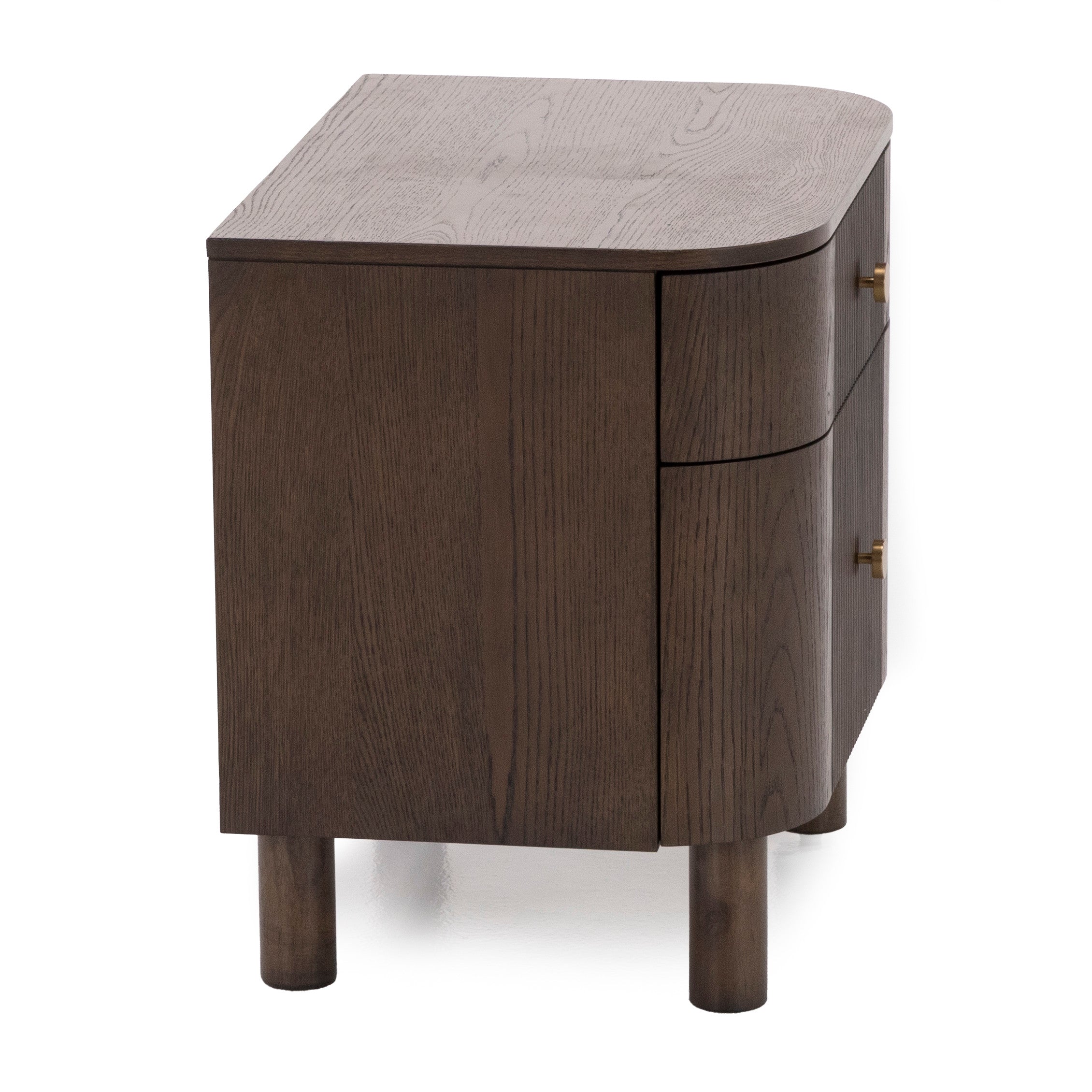 Dark wood nightstand with rounded edges and two drawers, shown from a side angle.