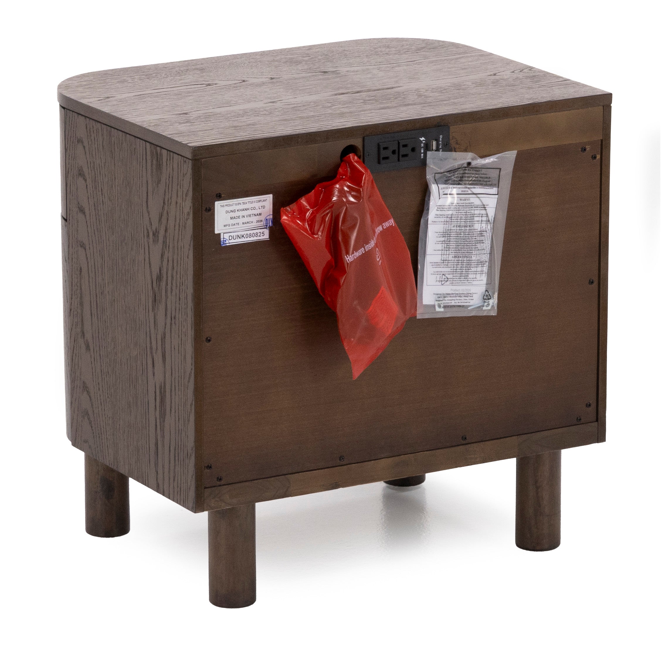Wooden nightstand with power outlet, labeled and tagged, shown against a white background.