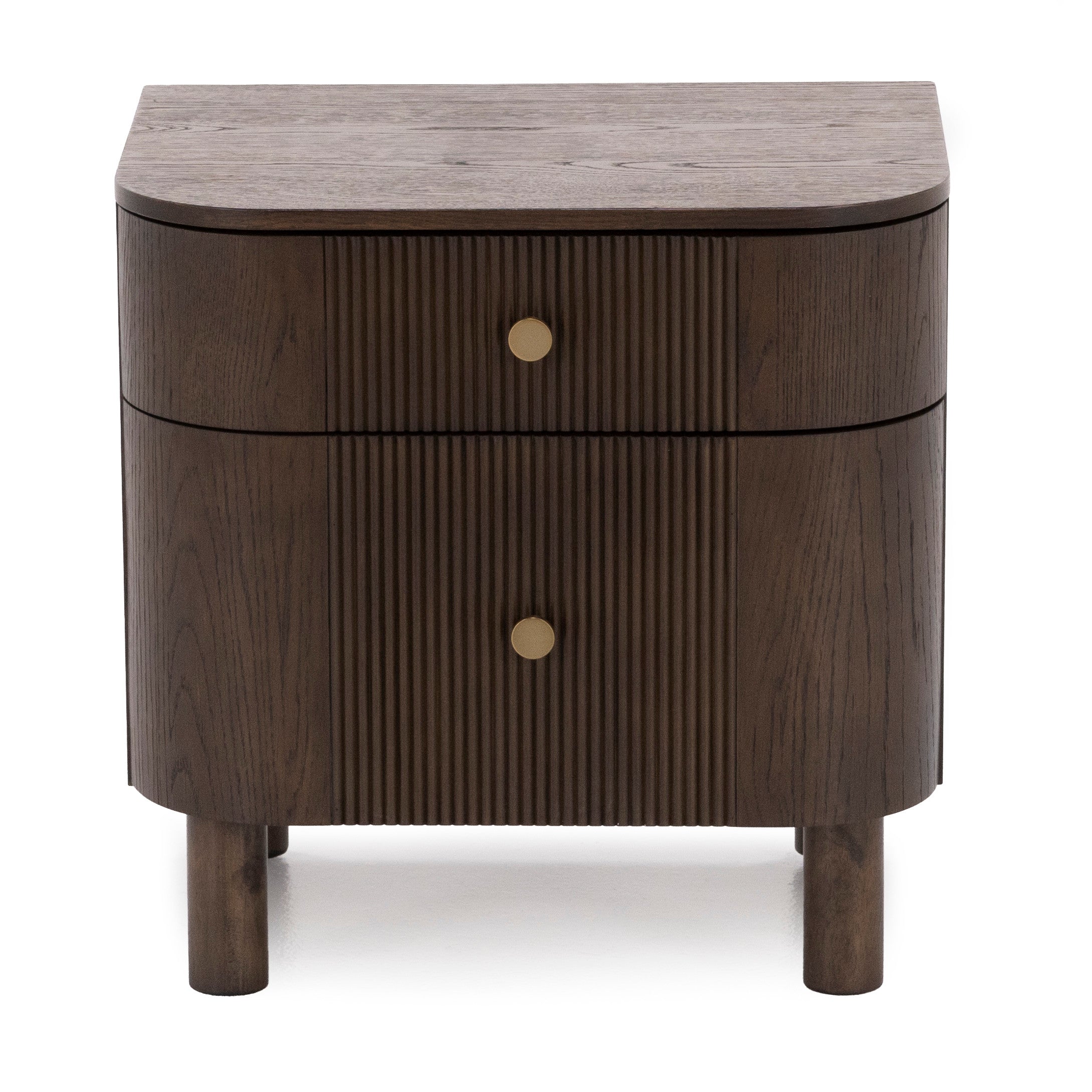 Dark wood nightstand with two drawers and gold knobs.