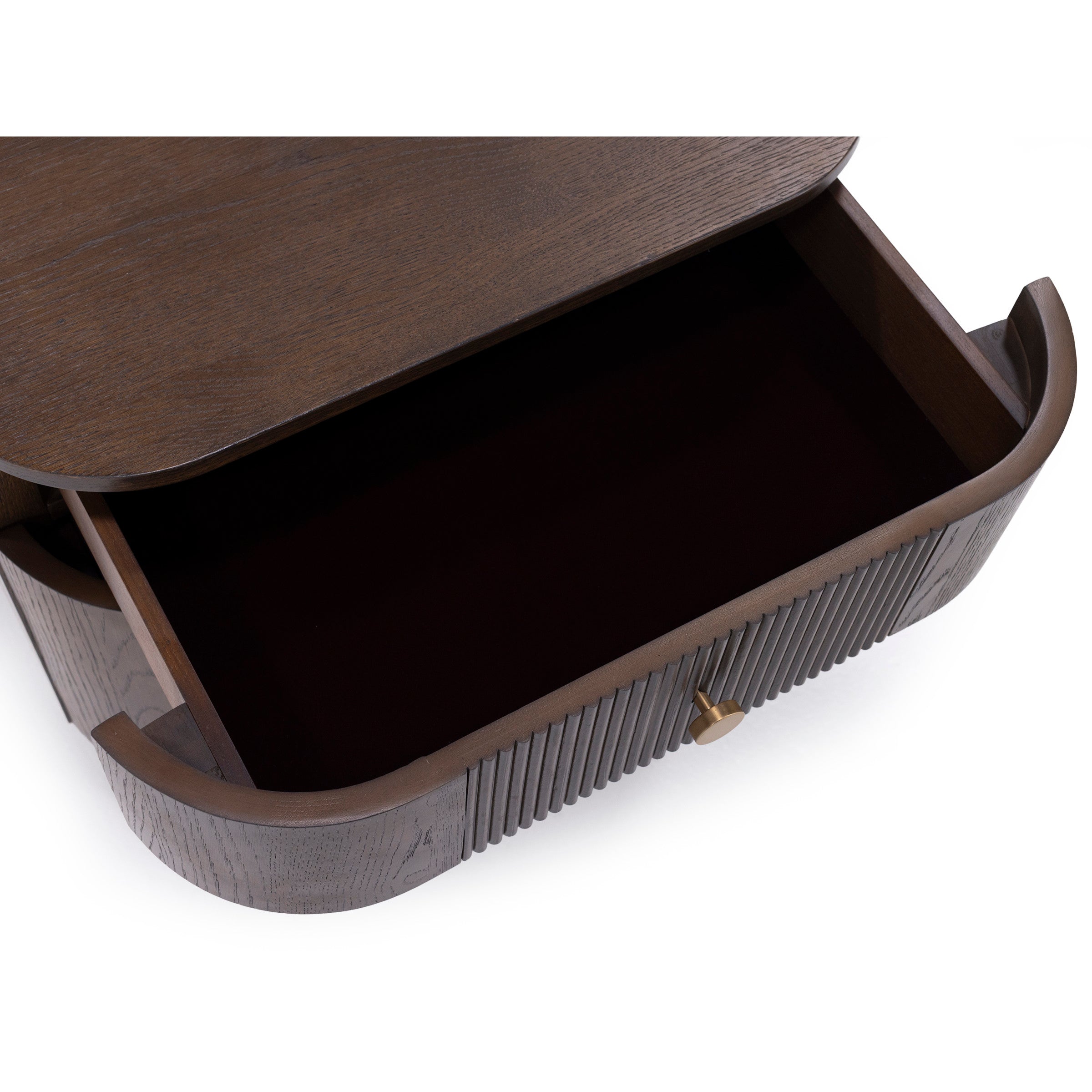 Open drawer of a dark wood cabinet with gold knob, showing empty interior.