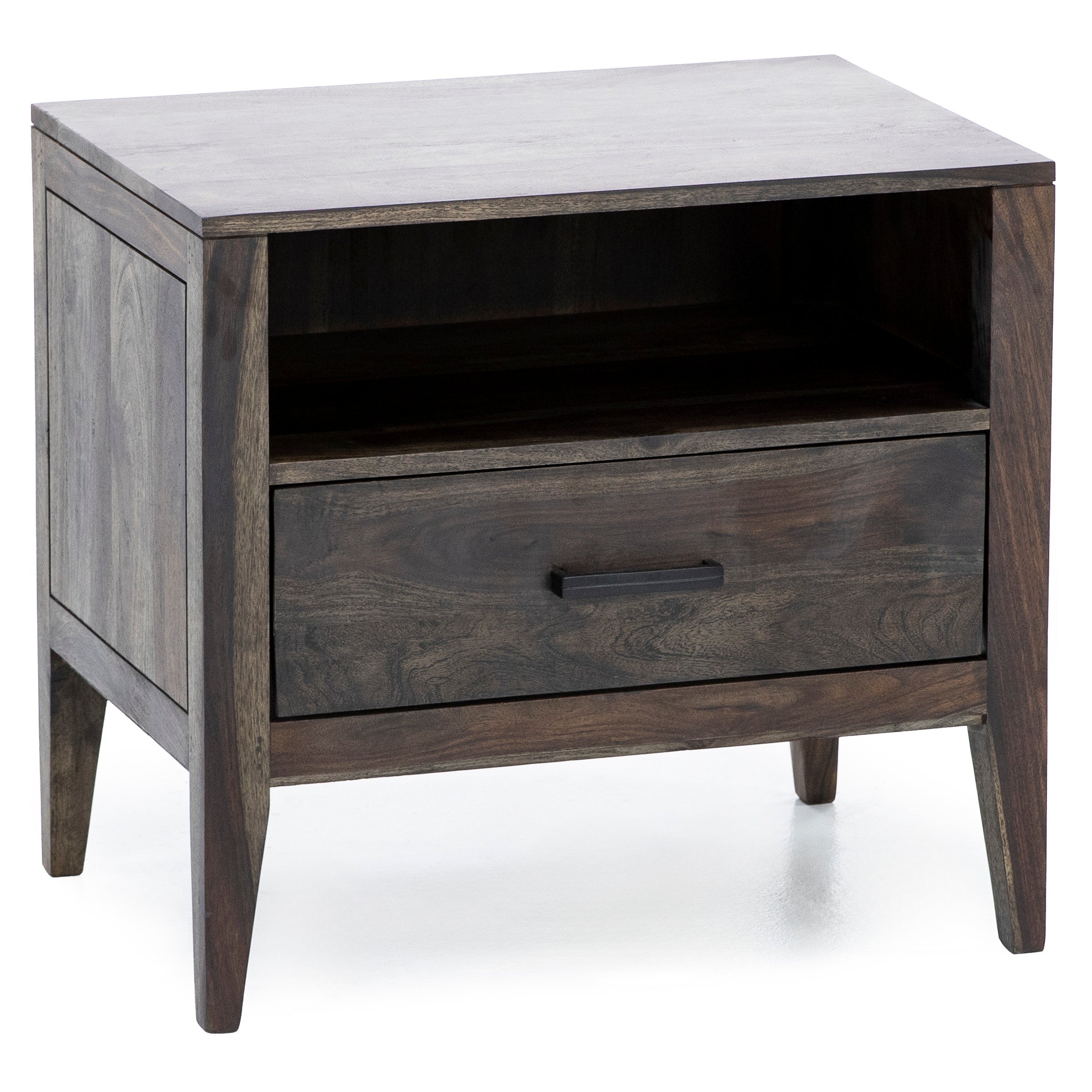 Dark wood nightstand with one drawer and open shelf.