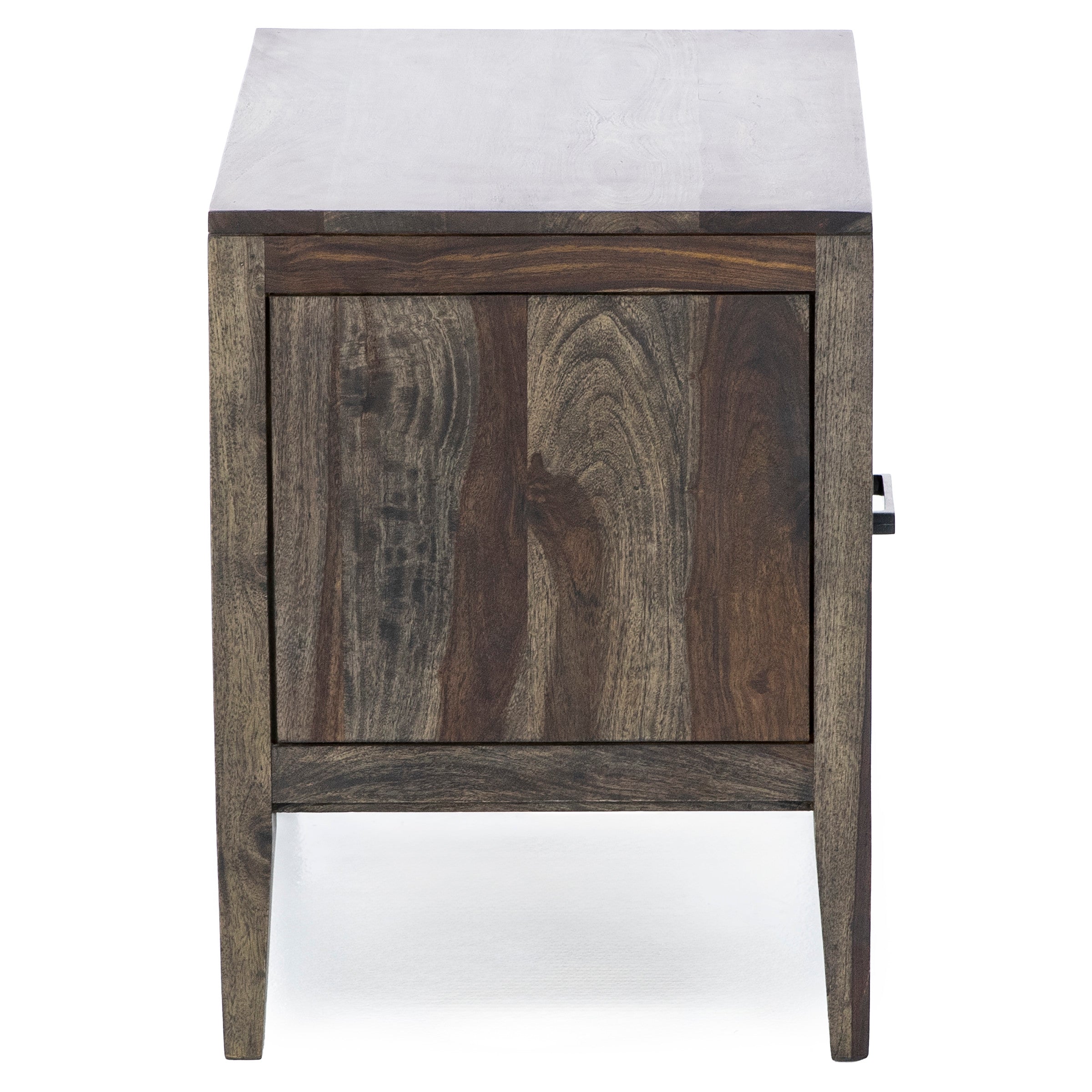 Front view of a wooden end table with a single cabinet door.