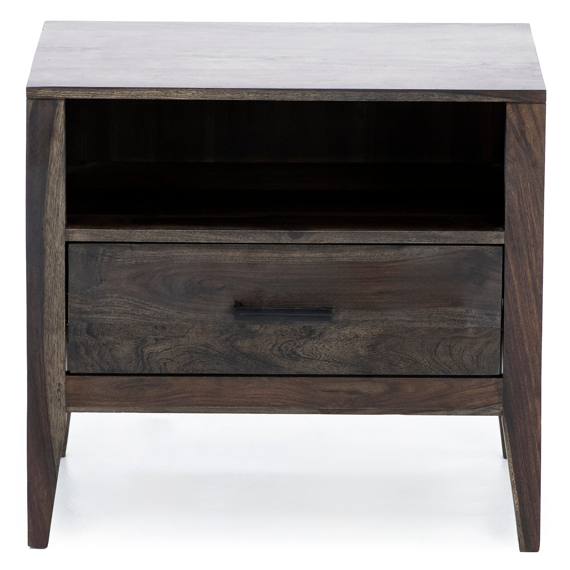 Dark wood nightstand with one drawer and open shelf.