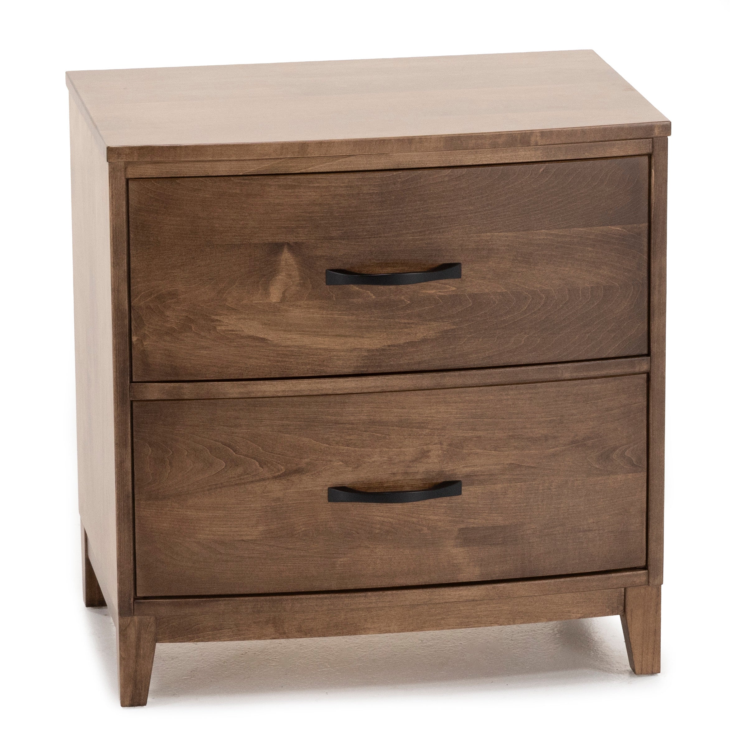 Wooden nightstand with two drawers and black handles.