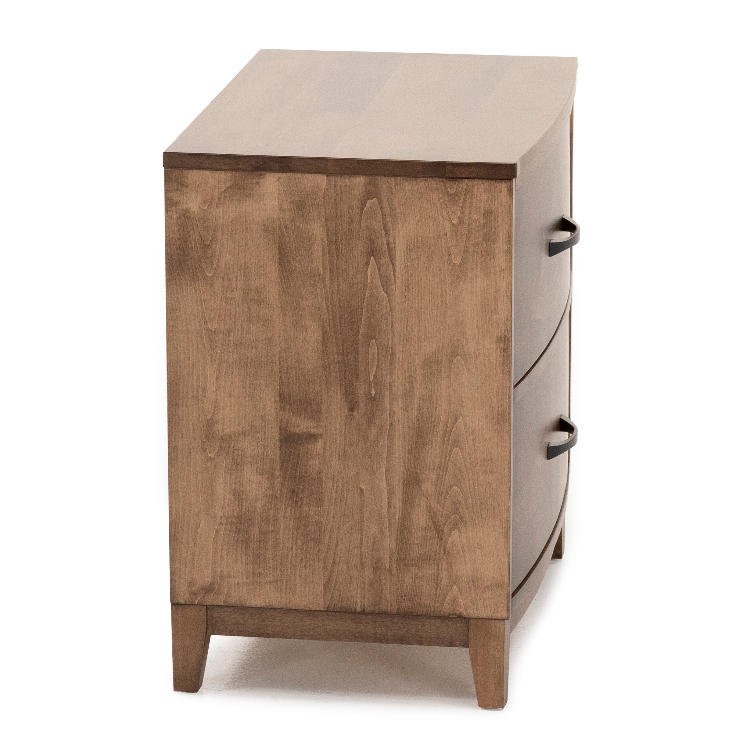 Side view of a wooden dresser with two curved drawers and black handles.