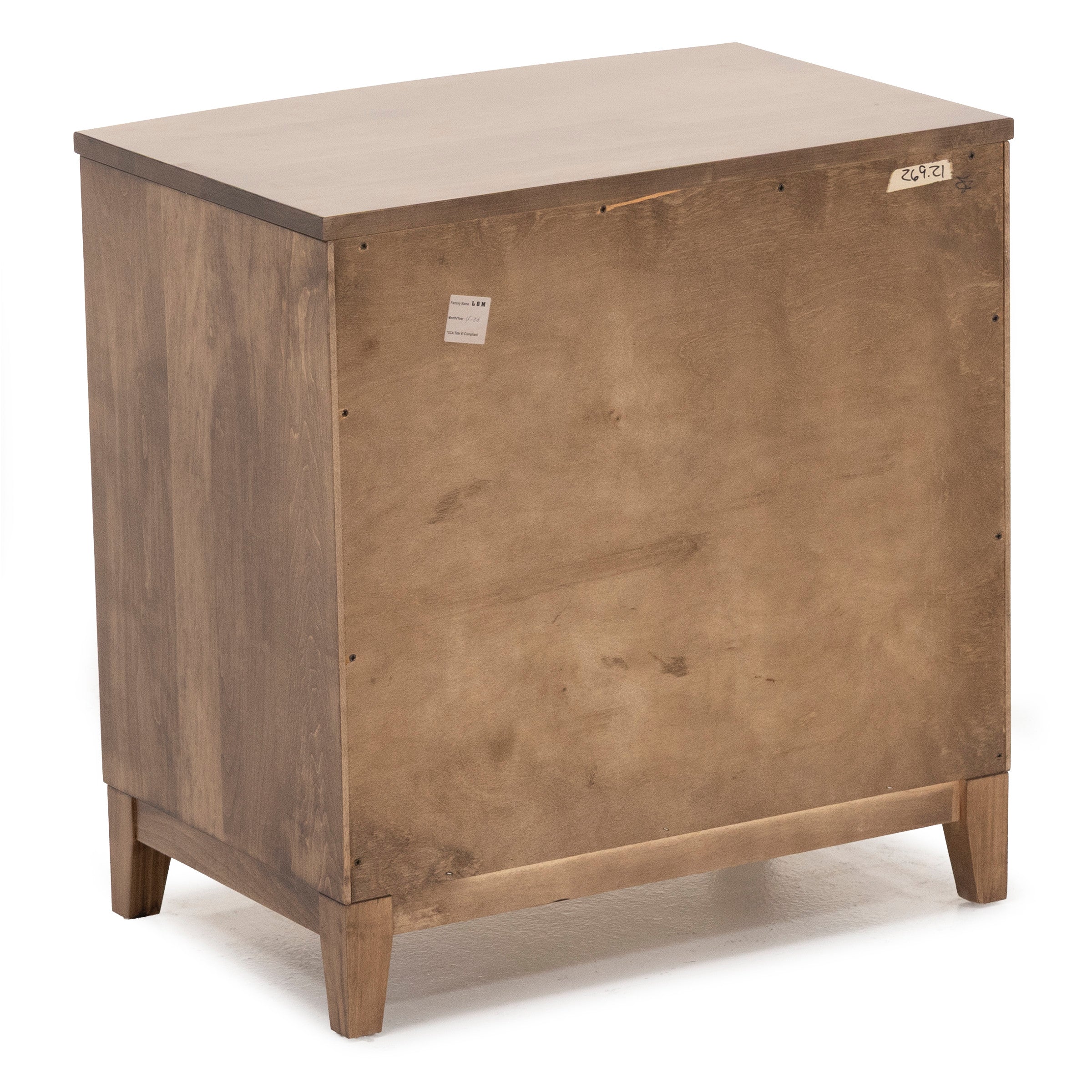 Back view of a wooden dresser with a natural brown finish.