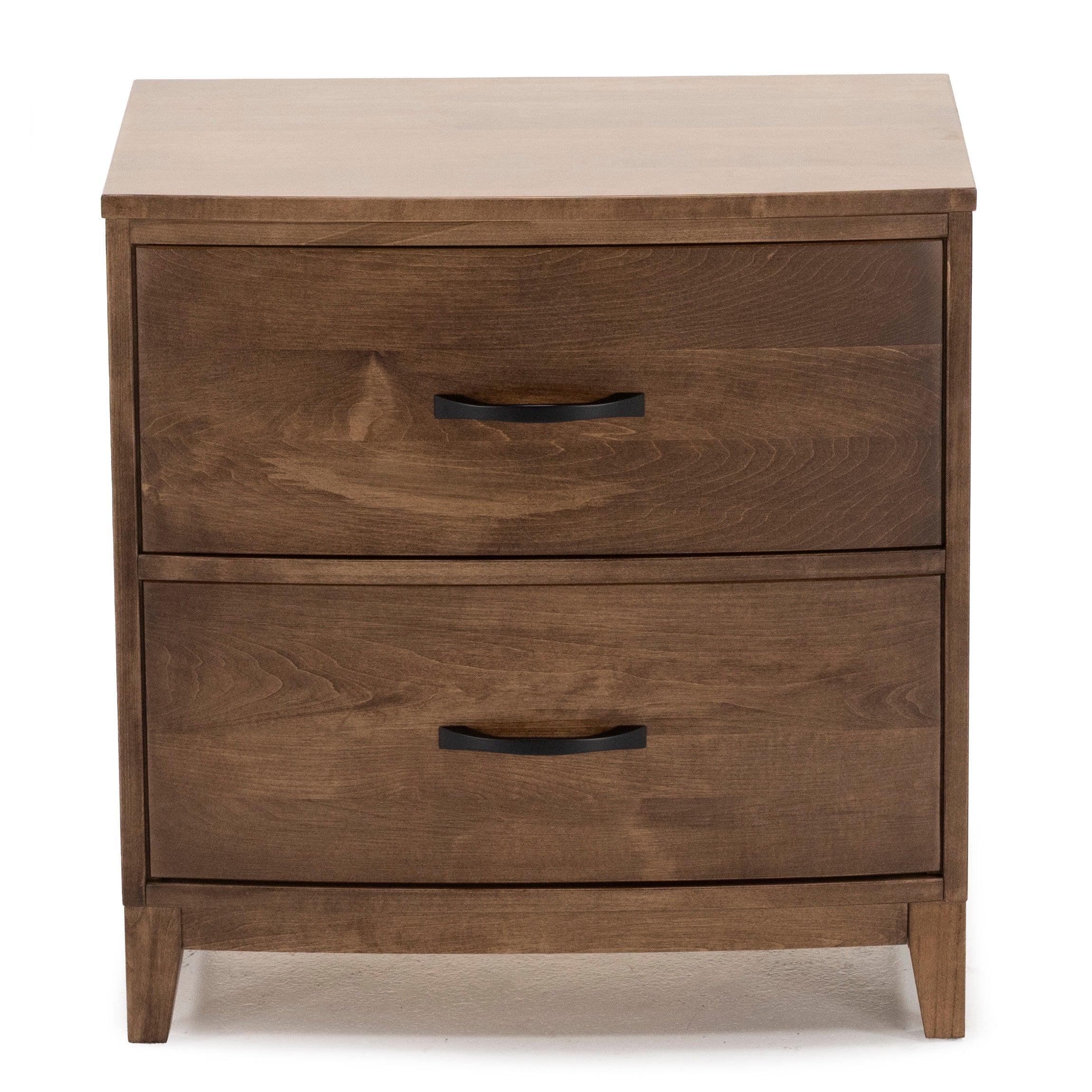 Two-drawer wooden nightstand with black handles, shown from the front.