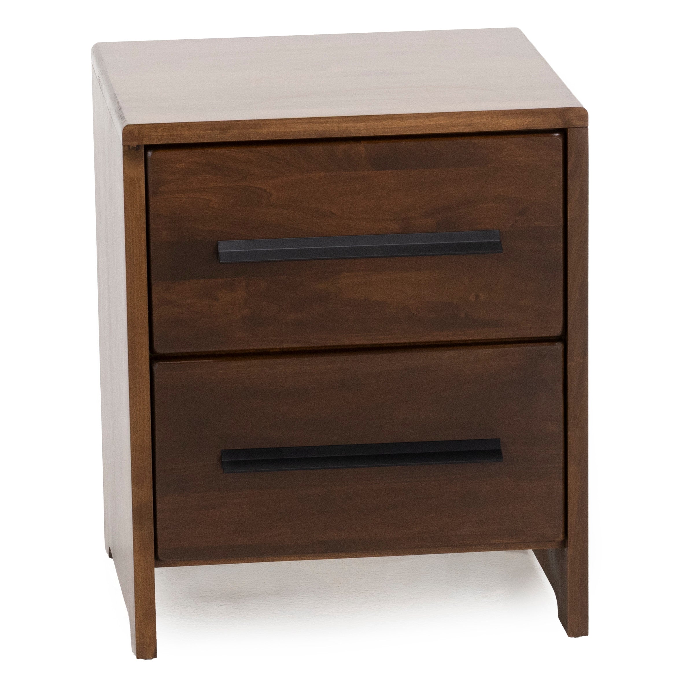Wooden nightstand with two drawers and black handles.