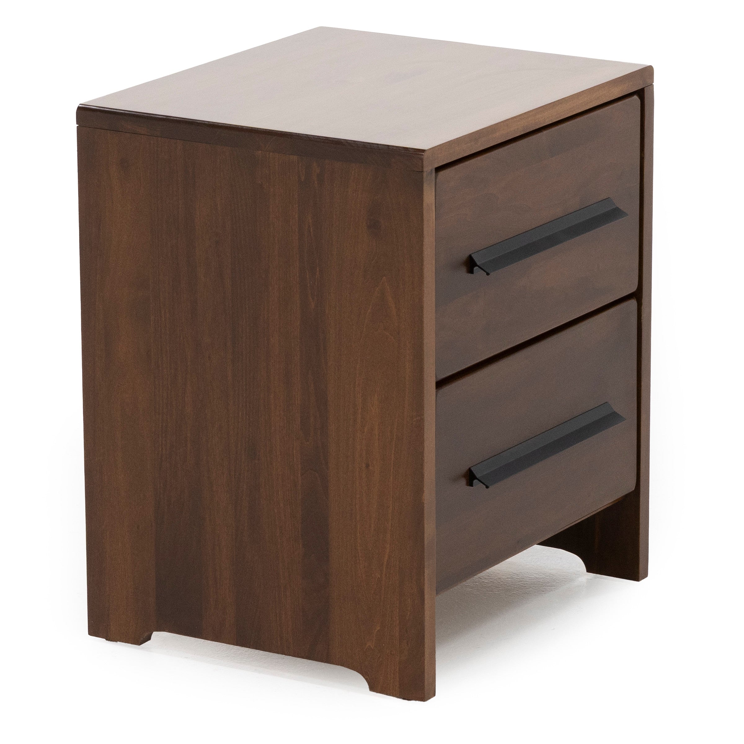 Modern wooden nightstand with two drawers and black handles.