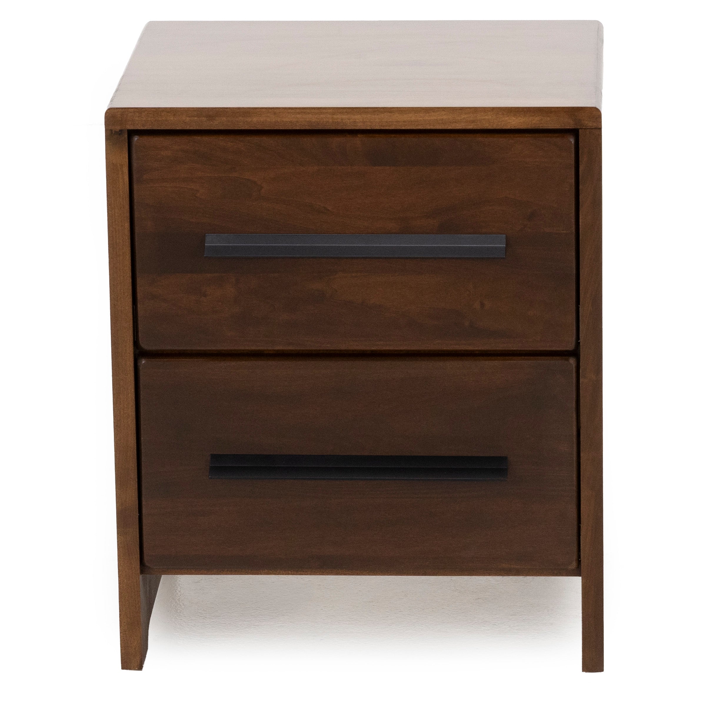 Modern brown wooden nightstand with two drawers and black handles.