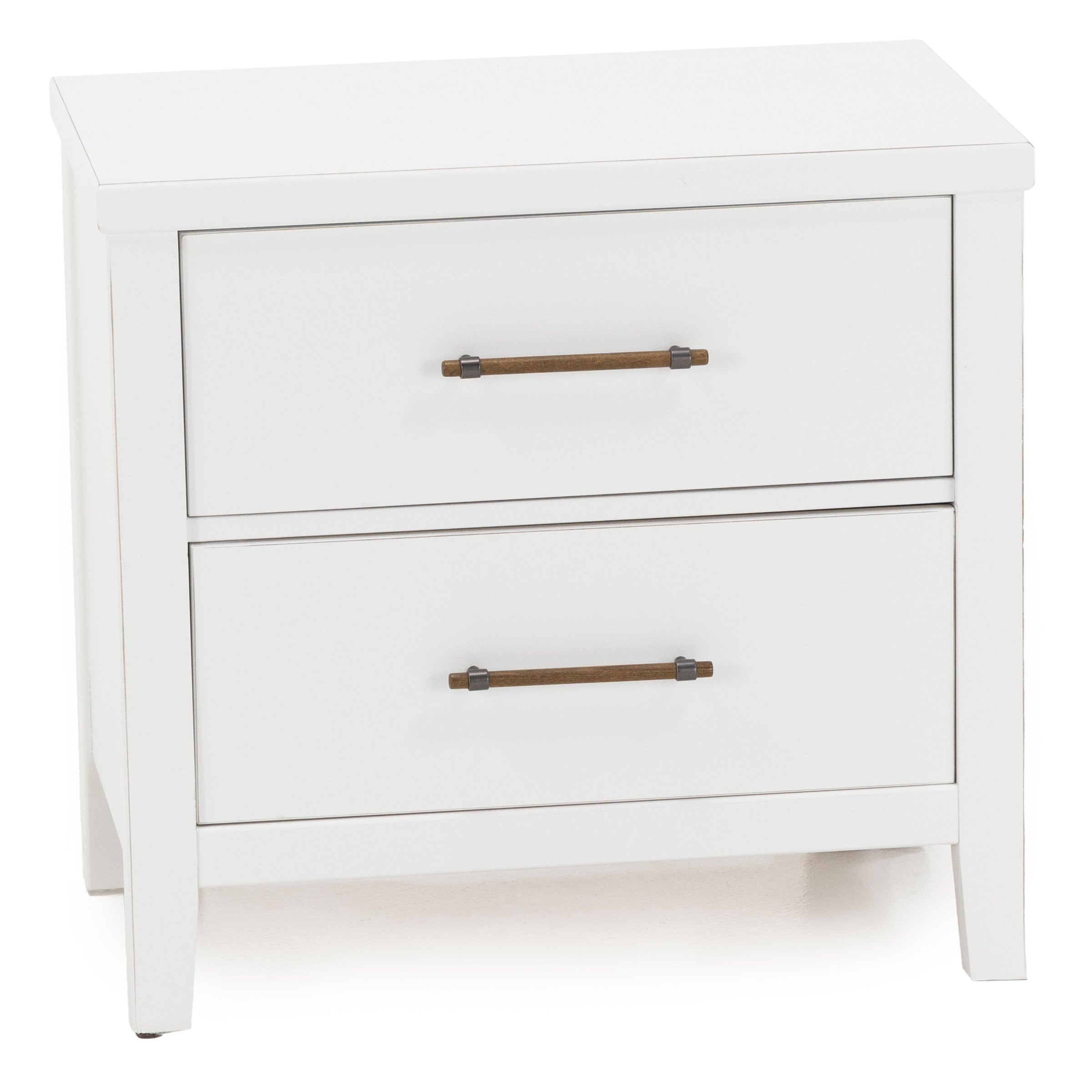 White two-drawer nightstand with wood handles.