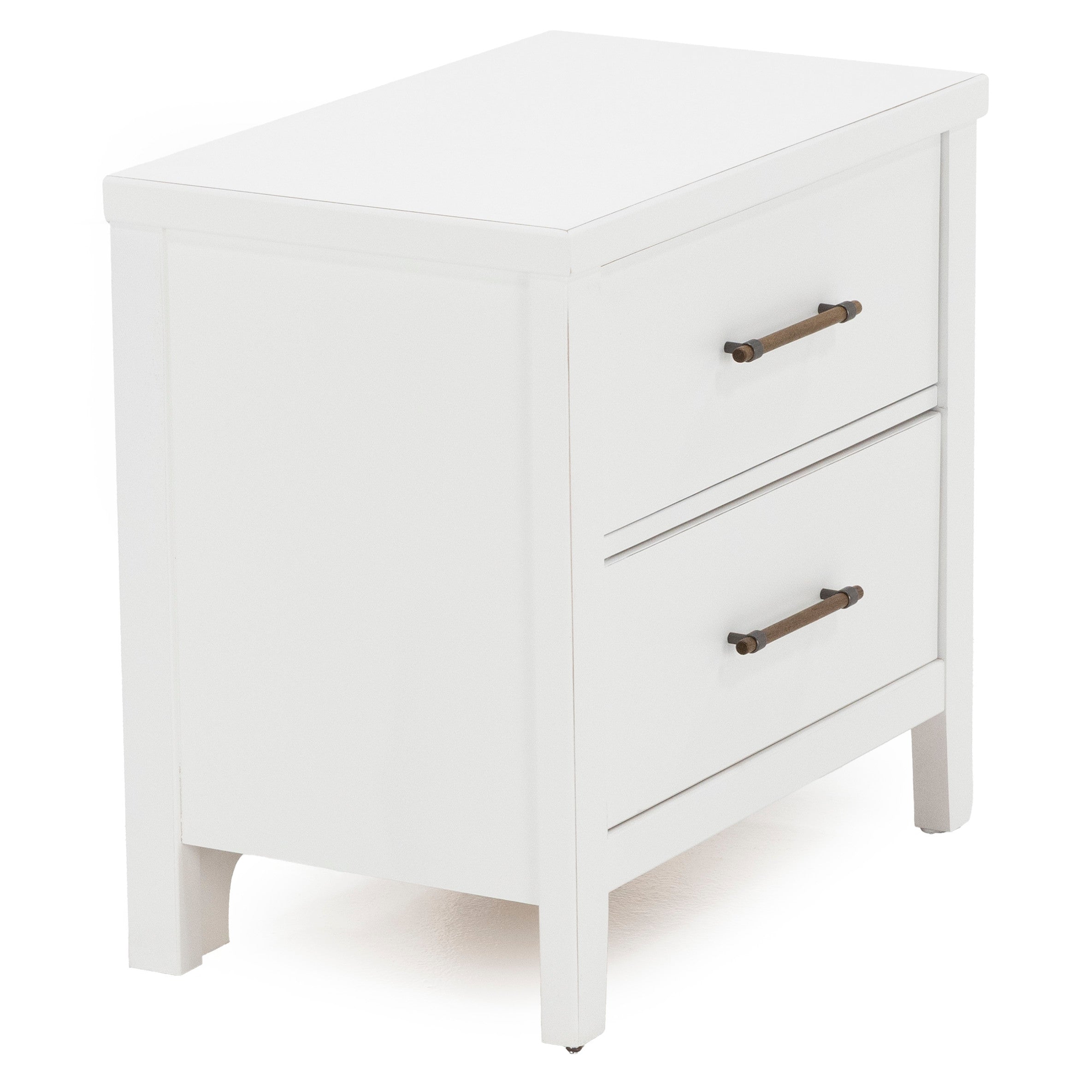 White two-drawer nightstand with metal handles.