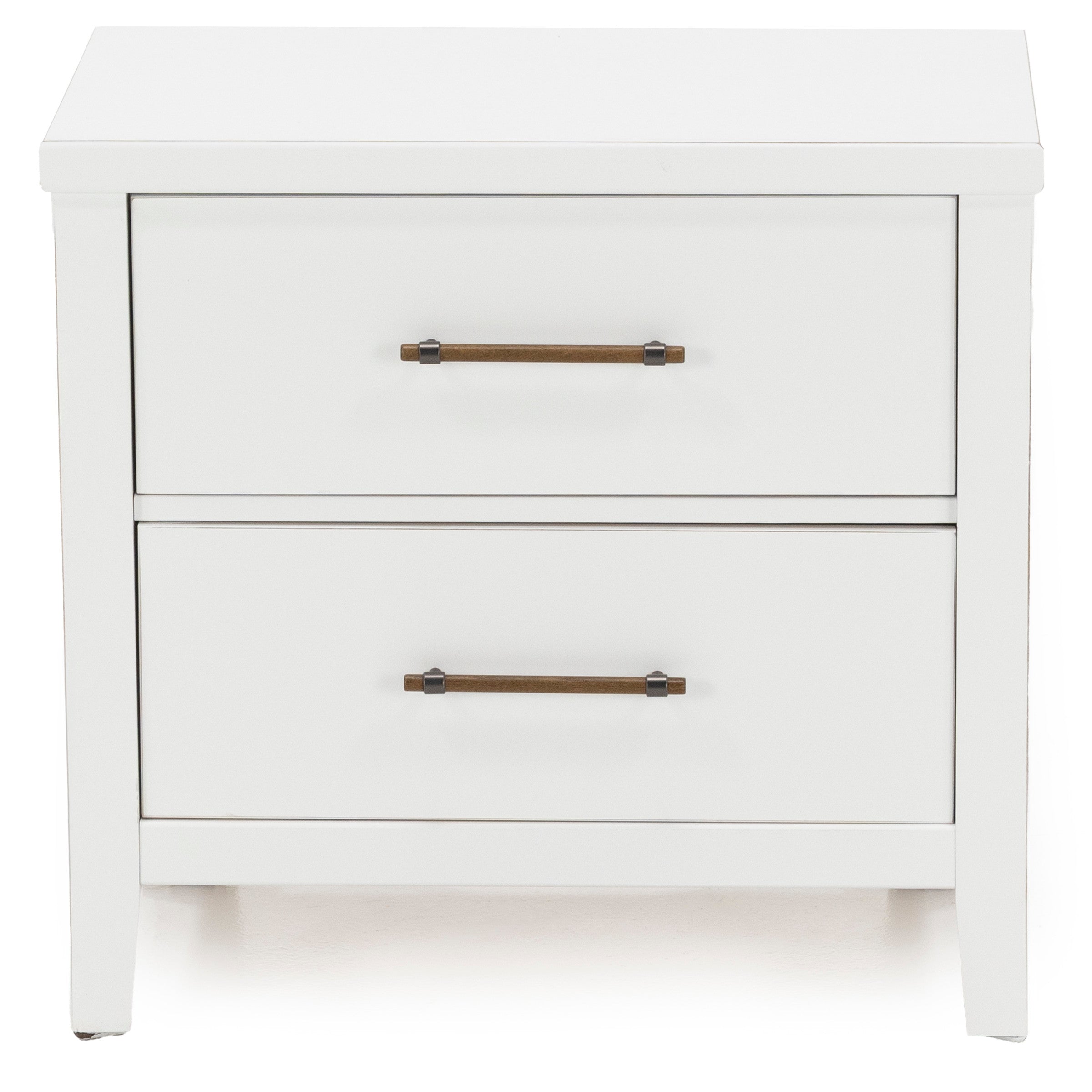White two-drawer nightstand with wooden handles.
