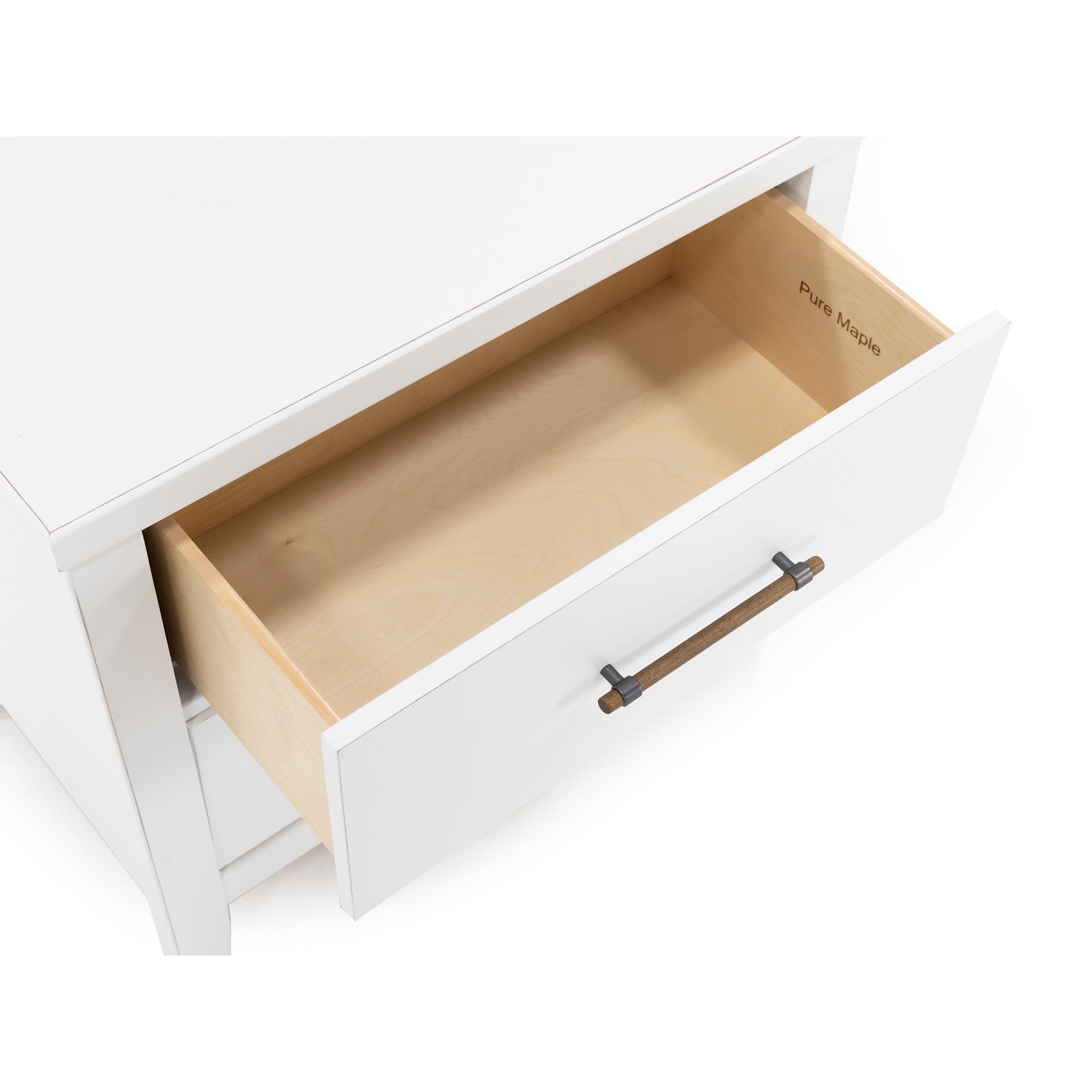 Open white drawer with wooden handle, showing light wood interior labeled 'Pure Maple'.