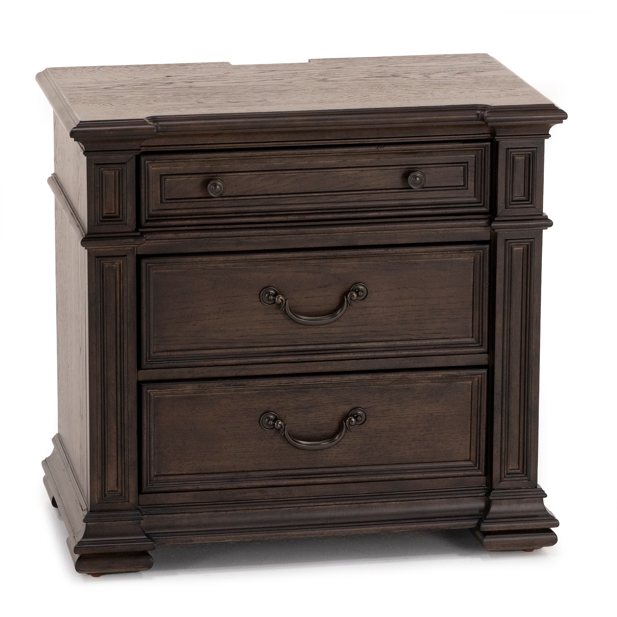Dark wood nightstand with three drawers and classic metal handles.