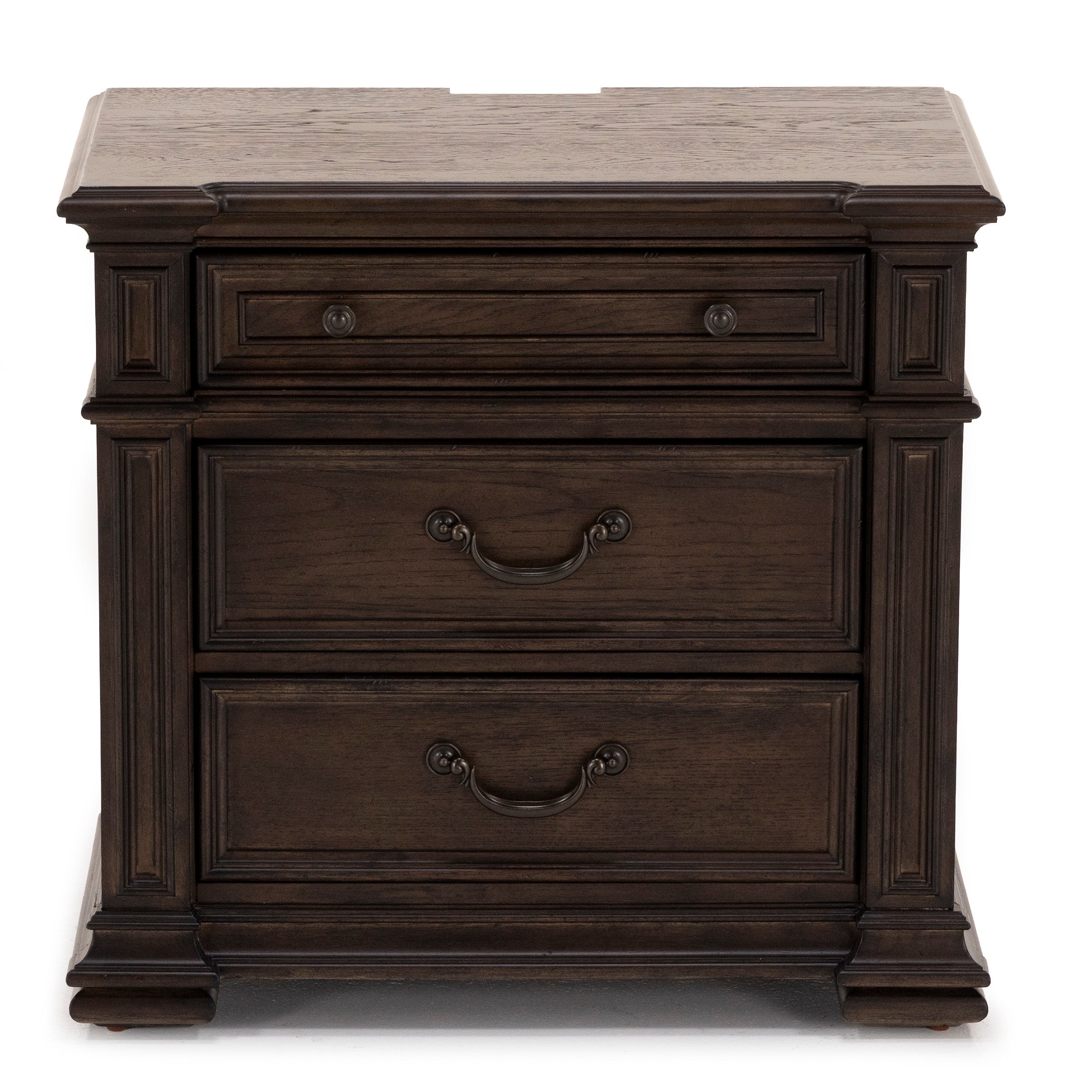 Dark wood nightstand with three drawers and decorative handles.