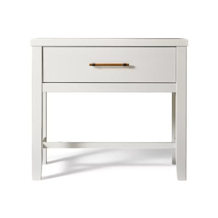 White nightstand with a single drawer and wooden handle, suitable for bedroom storage.