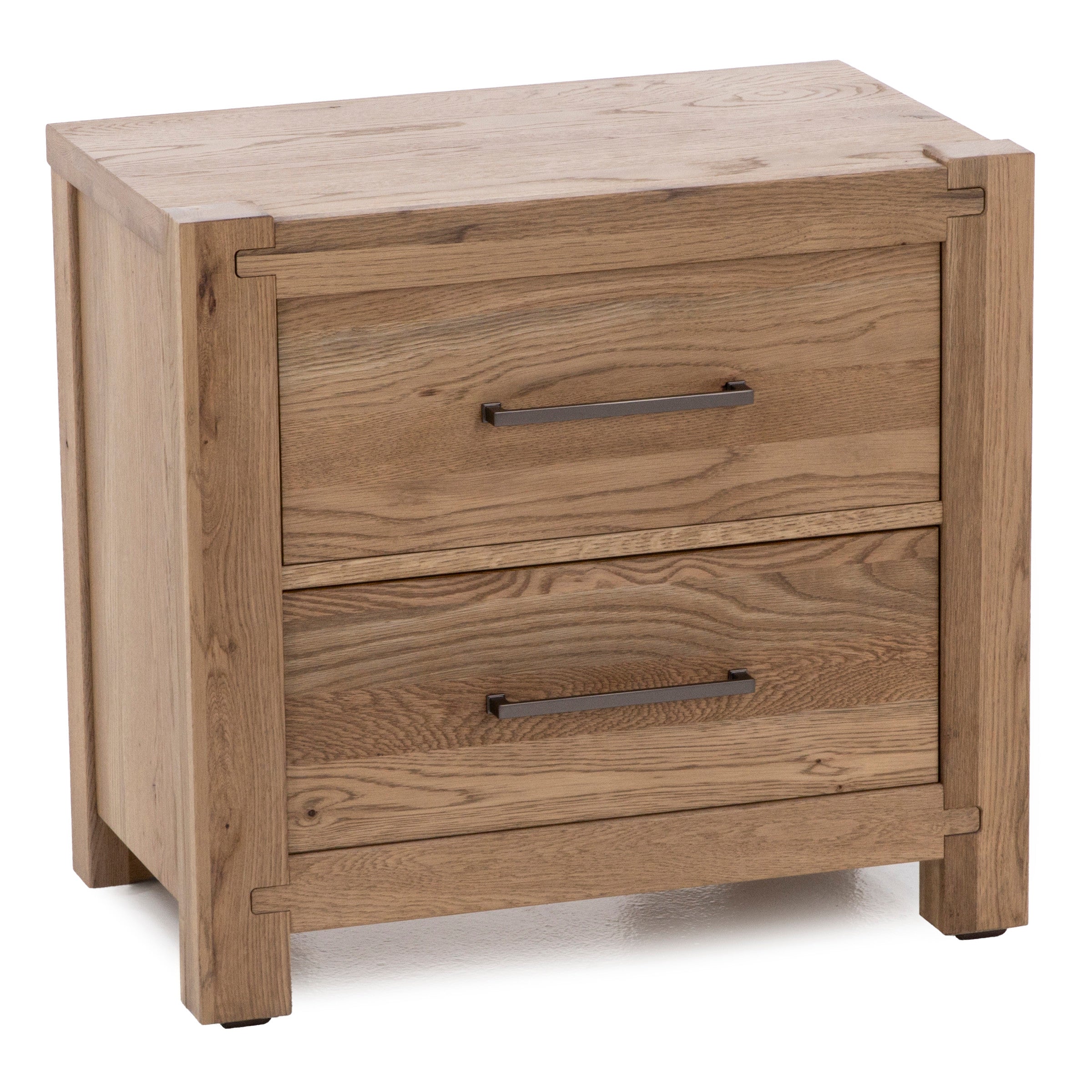 Modern wooden nightstand with two drawers and metal handles.