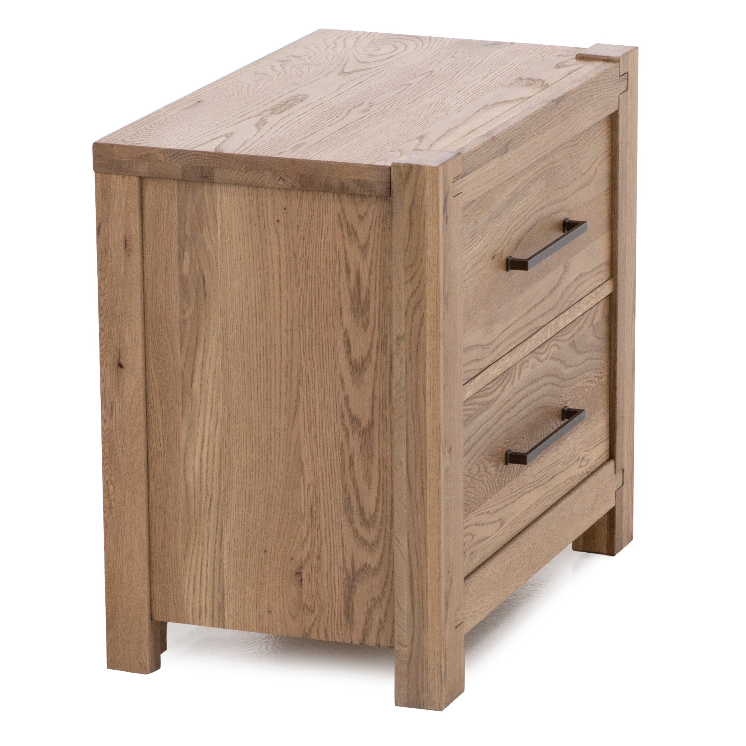 Angled view of a wooden nightstand with two drawers and metal handles.