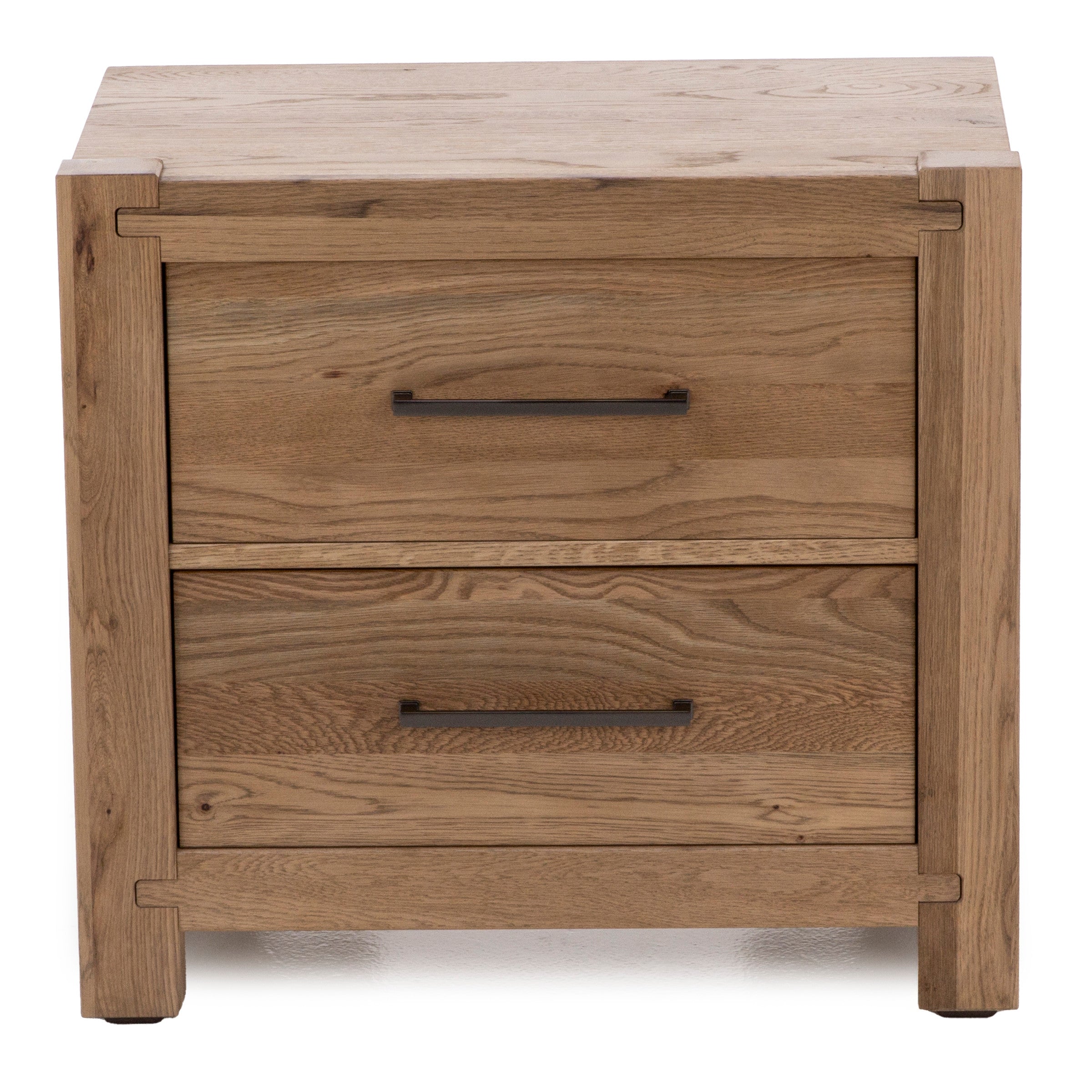Light wood two-drawer nightstand with black handles, shown from the front.
