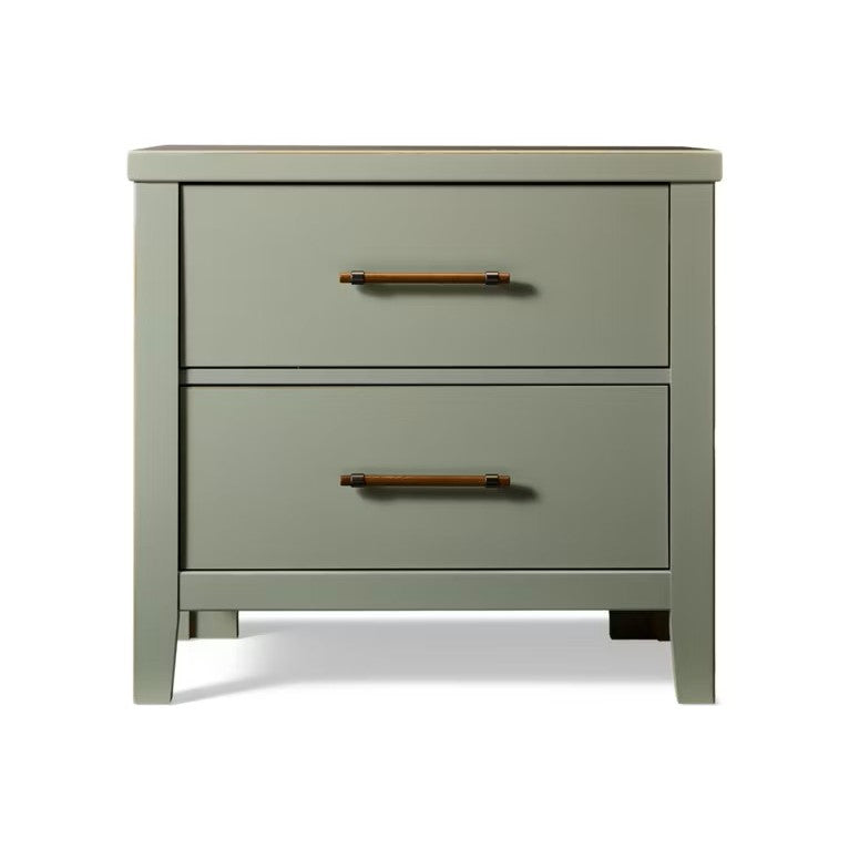 Green two-drawer nightstand with wood handles, shown from the front.