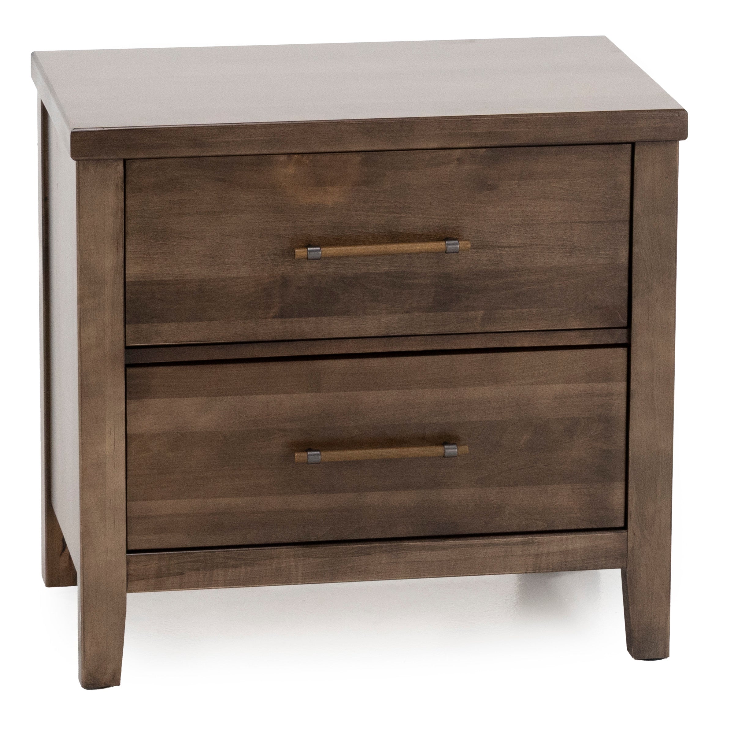 Dark wood nightstand with two drawers and horizontal handles.
