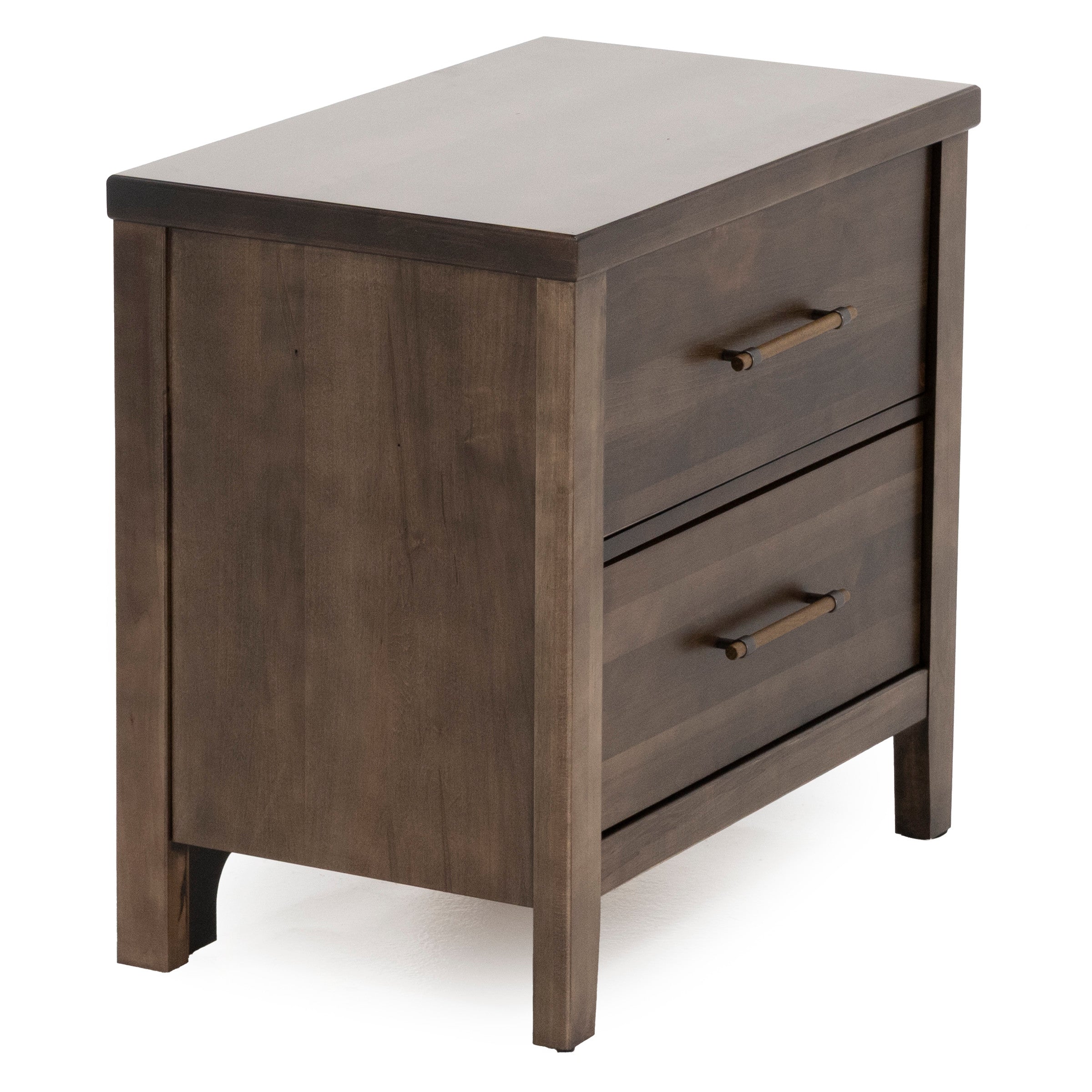 Dark wood nightstand with two drawers and simple metal handles, angled view.