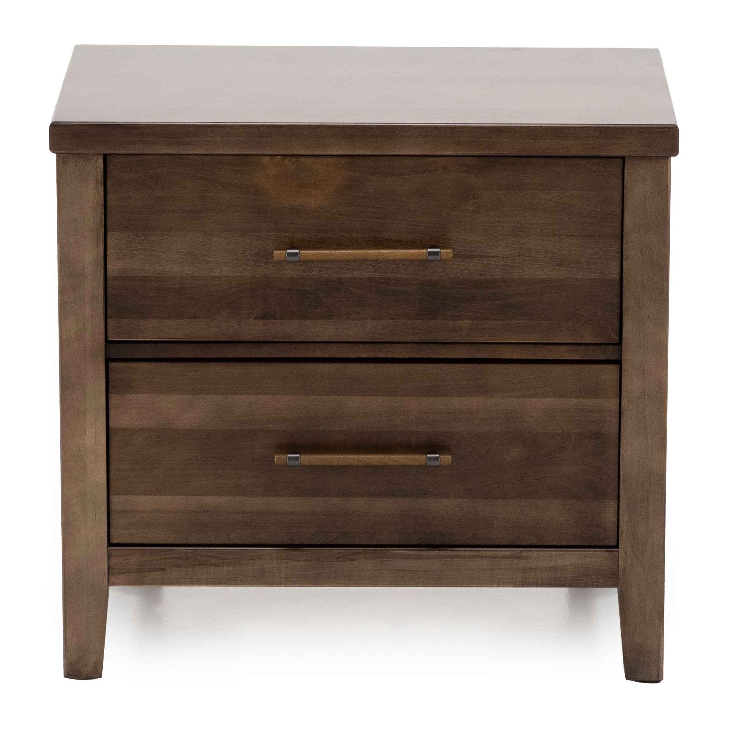 Wooden nightstand with two drawers and metal handles, front view.