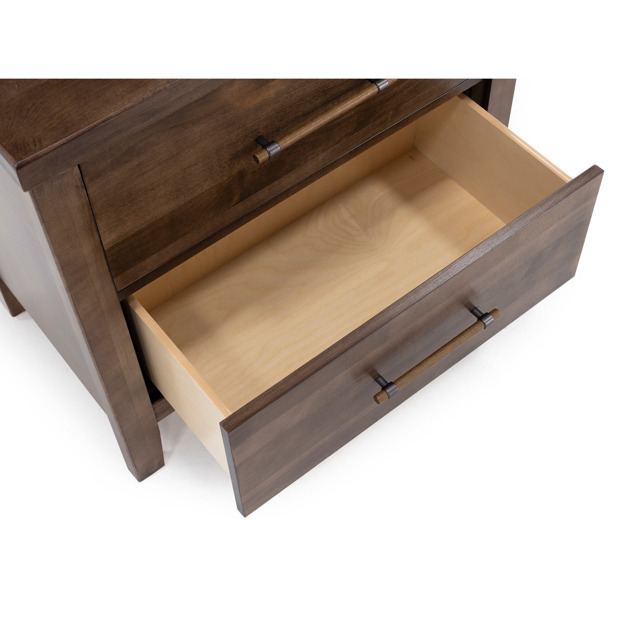 Open drawer on a wooden dresser showing empty storage space.