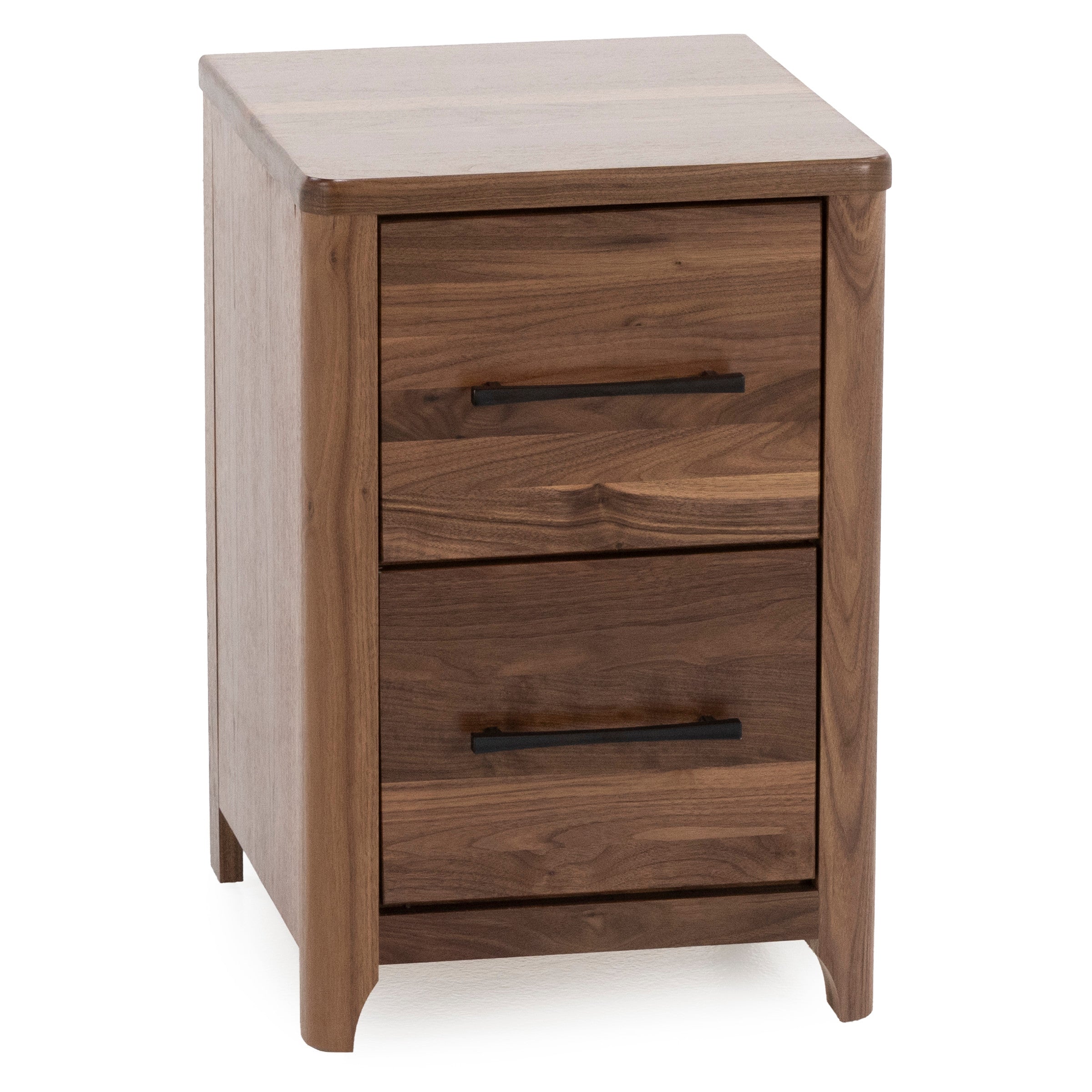 Modern wood nightstand with two drawers and black handles.