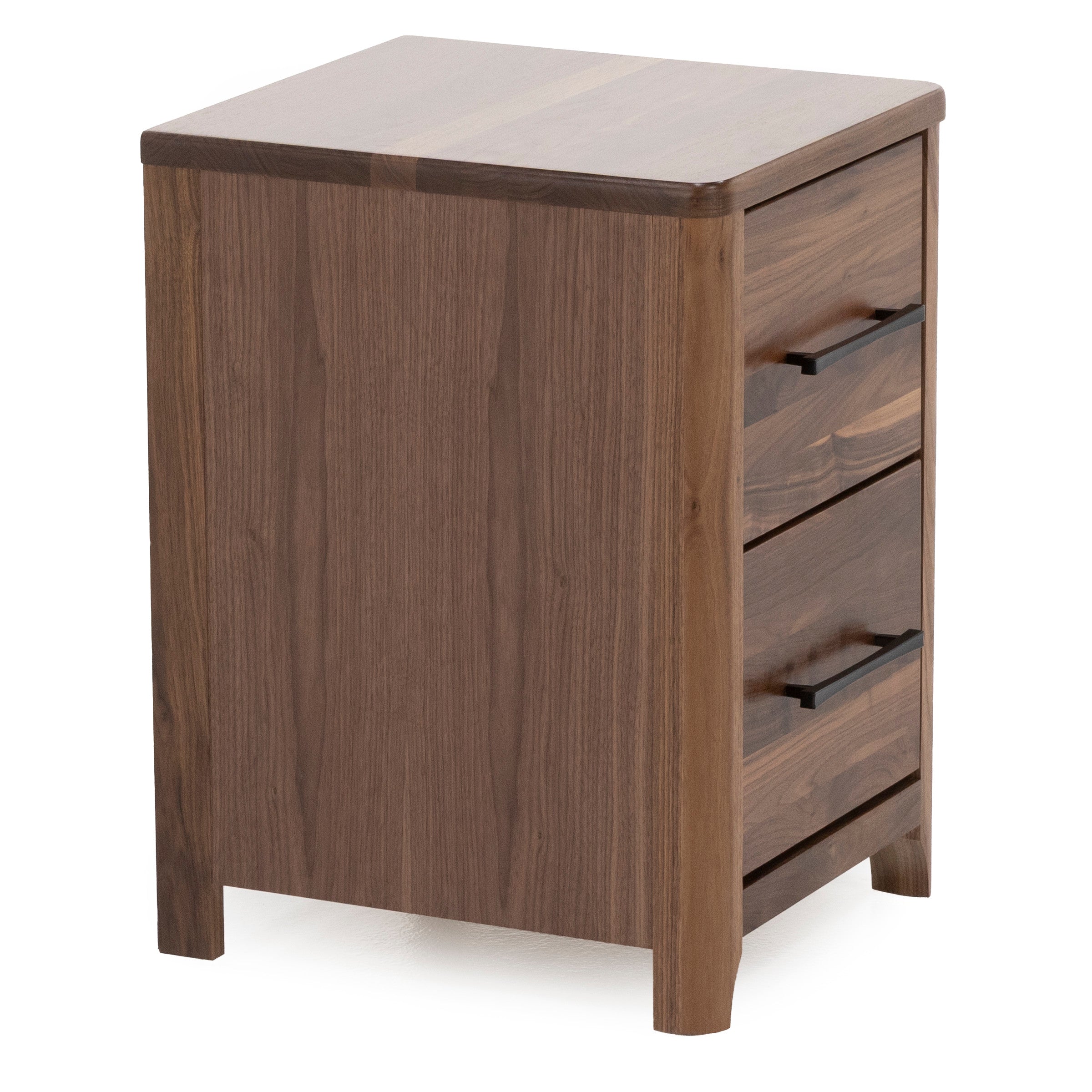 Walnut nightstand with two drawers and black handles