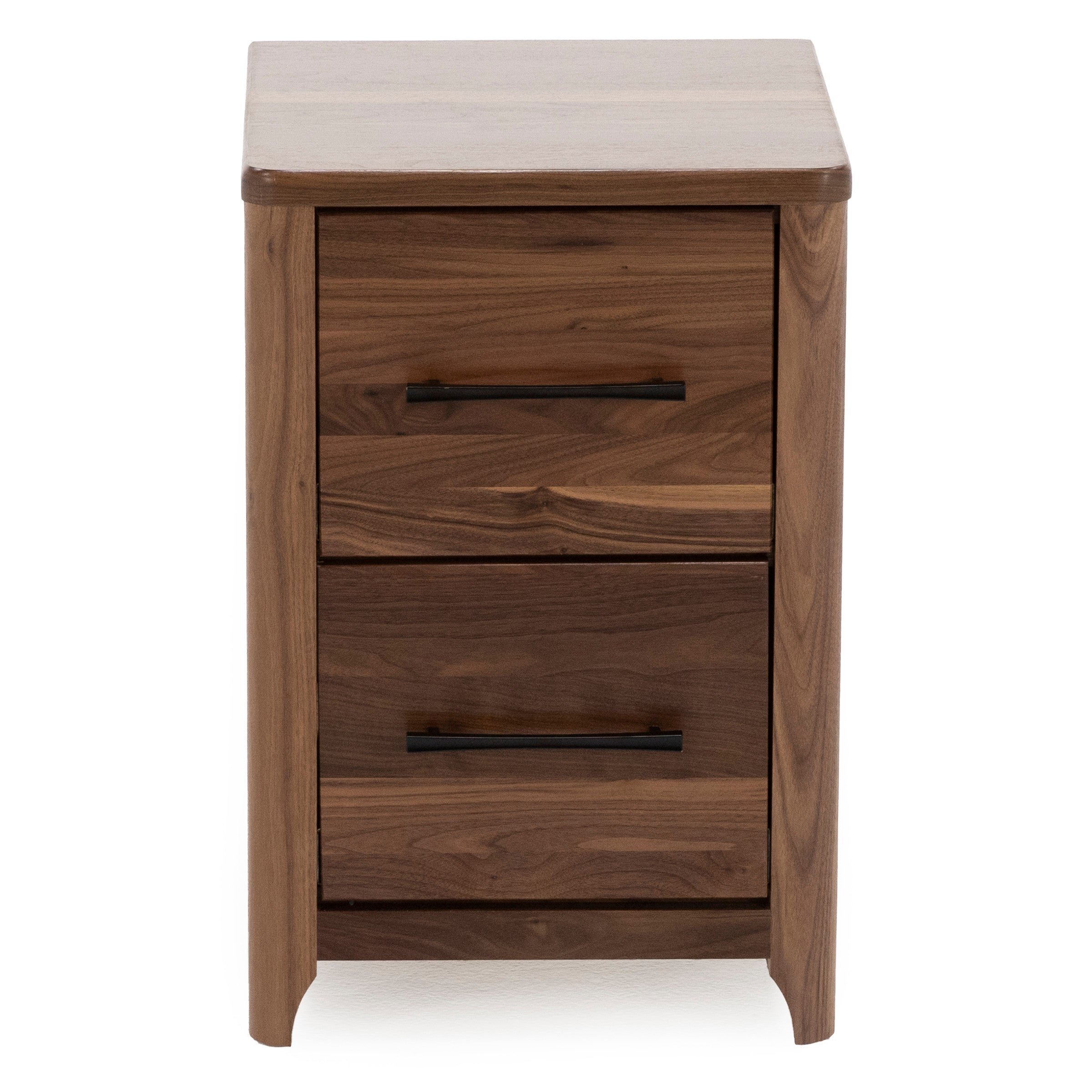Modern wooden nightstand with two drawers and black handles.