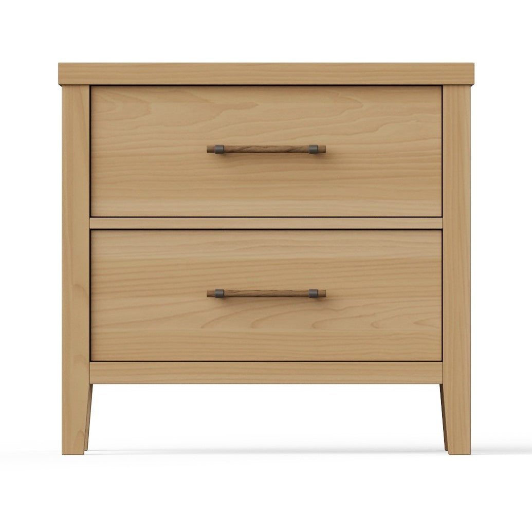 Light wood two-drawer nightstand with horizontal handles.