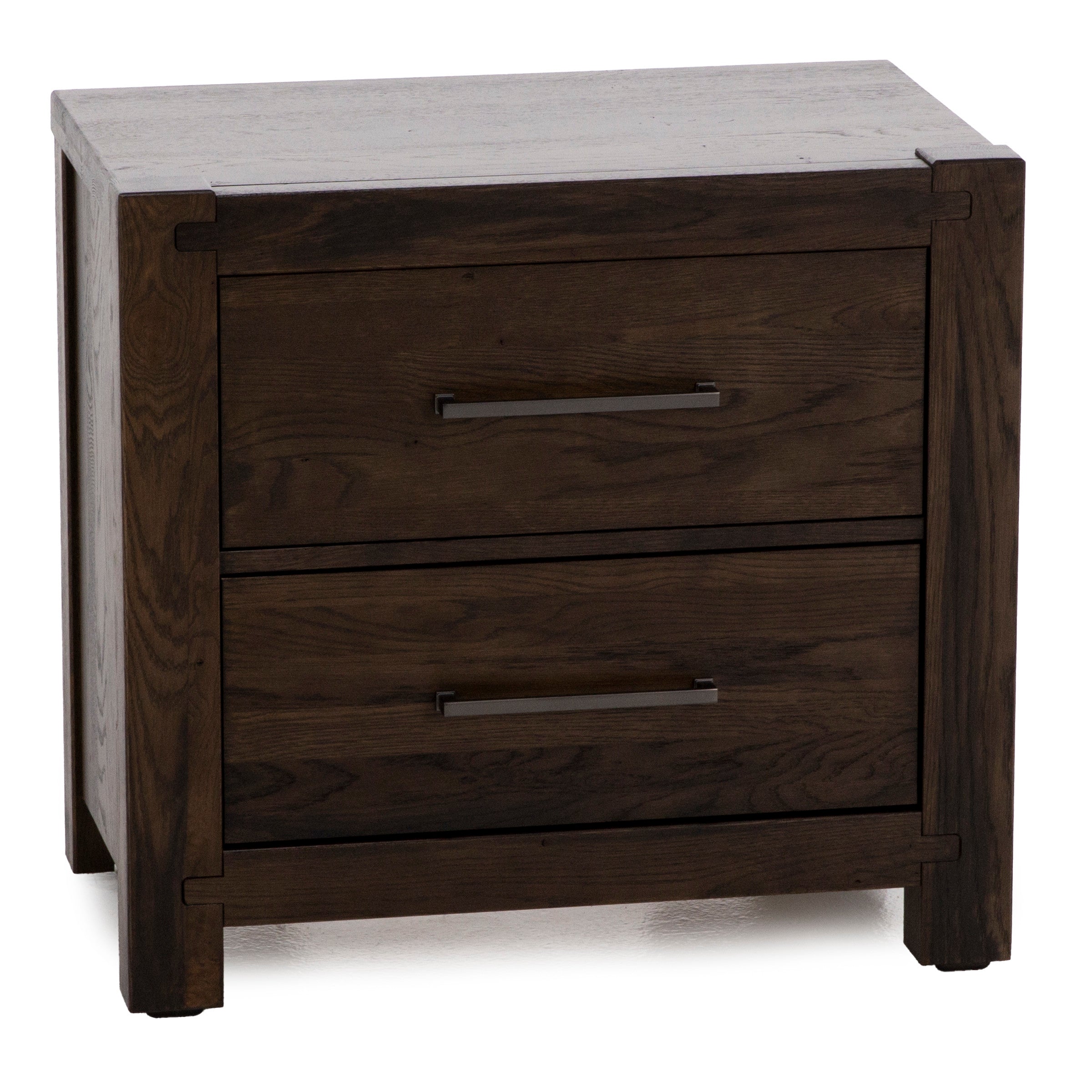 Dark wood nightstand with two drawers and metal handles.