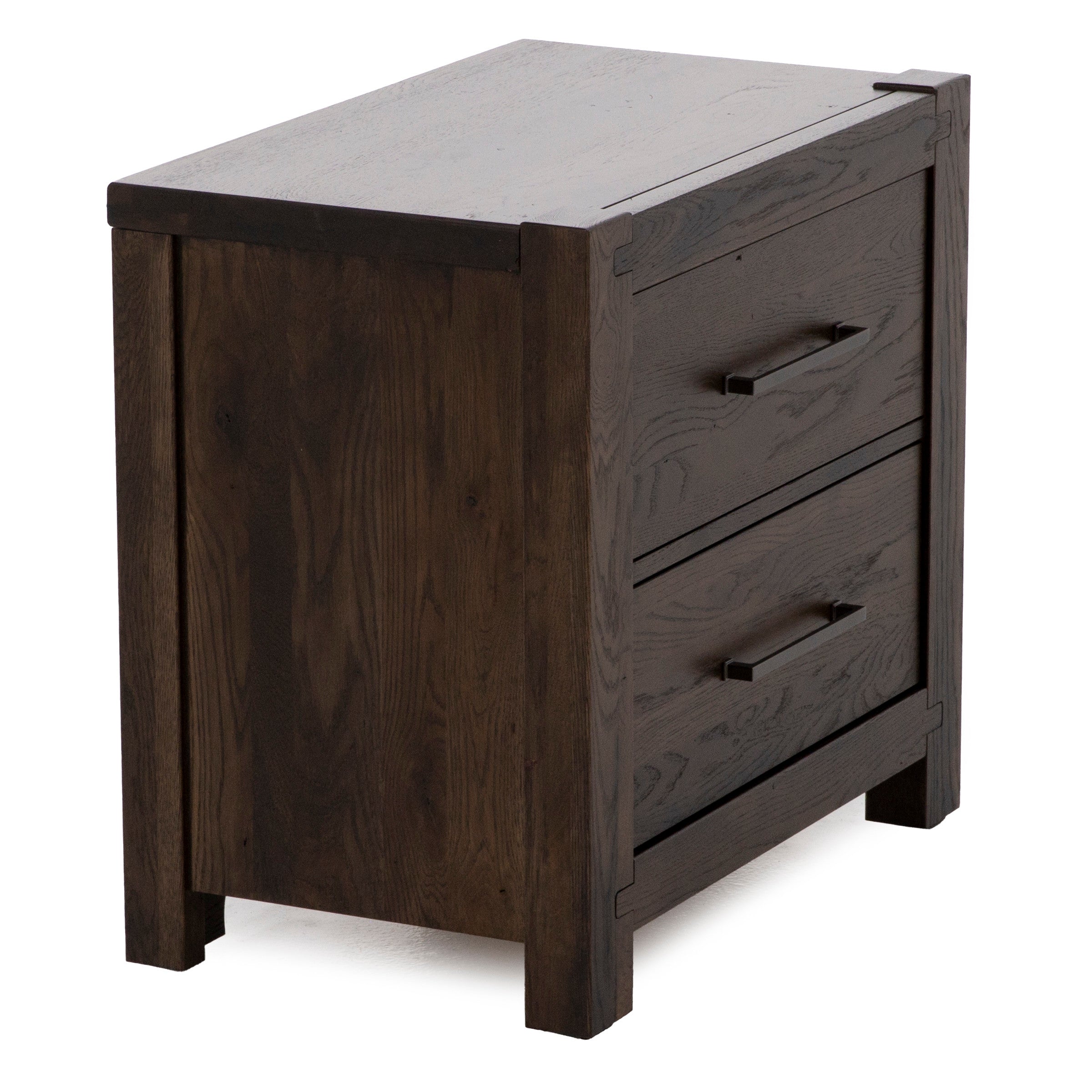 Dark wood two-drawer nightstand shown at an angle.