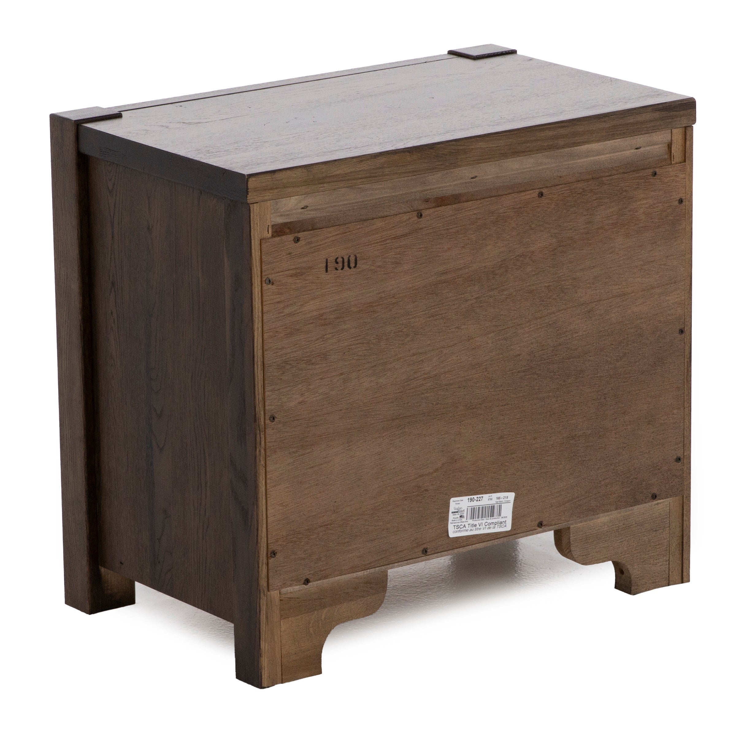 Back view of a small wooden storage chest with a flat top and short legs.