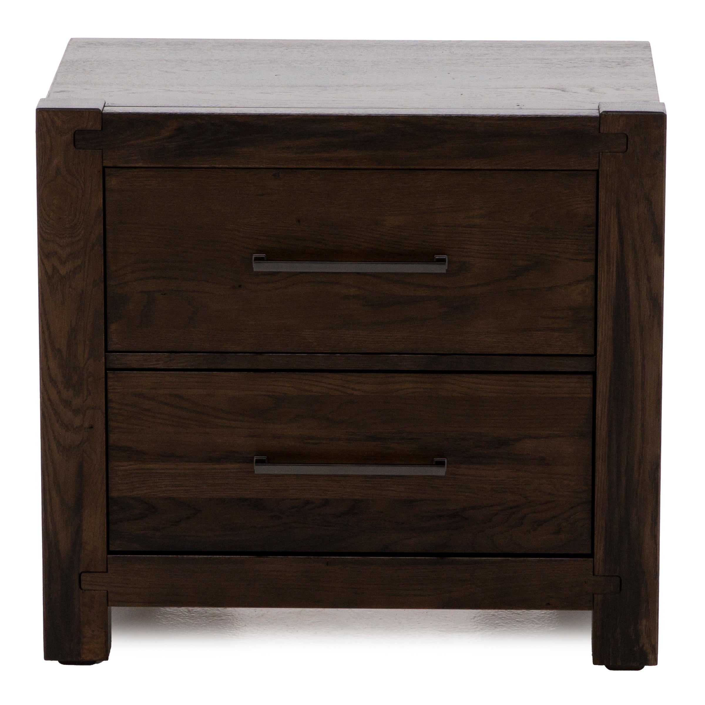 Dark wooden nightstand with two drawers and metal handles.