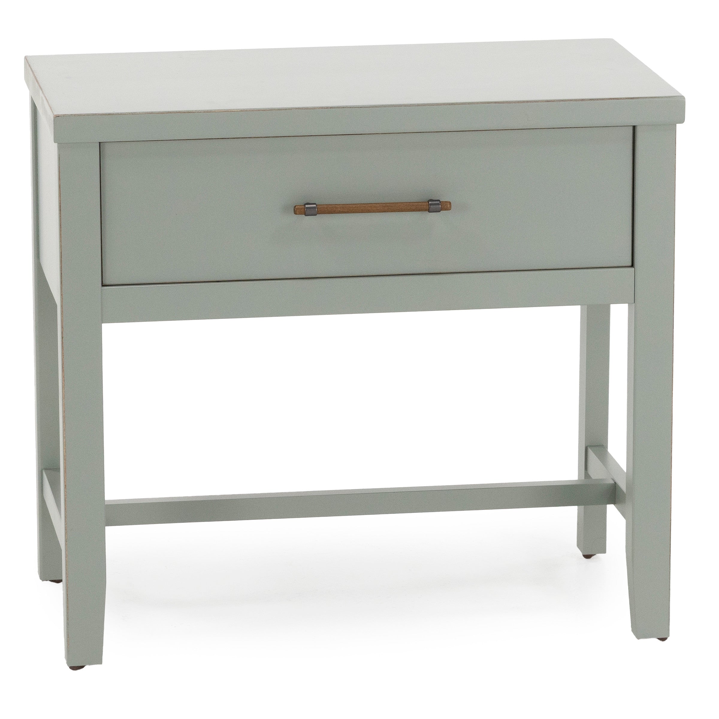 Light gray wooden table with a single drawer and a wooden handle.