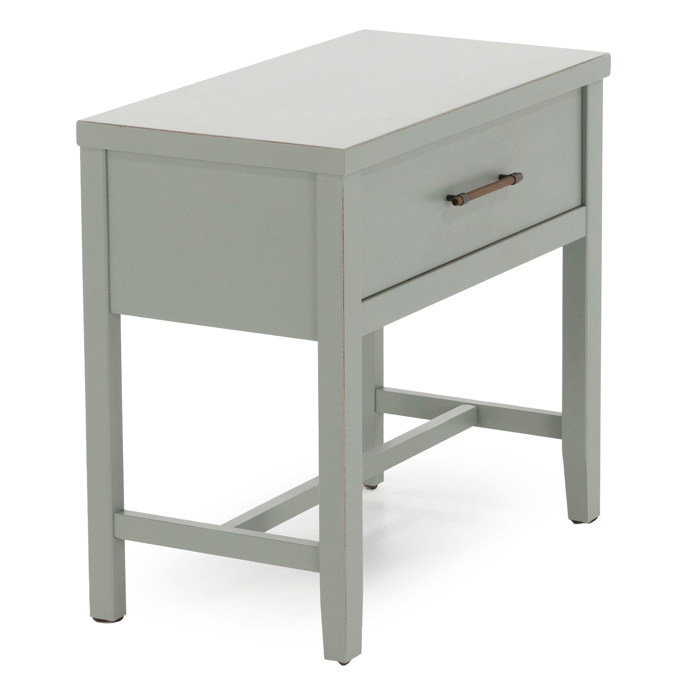 Light gray side table with a single drawer and metal handle.