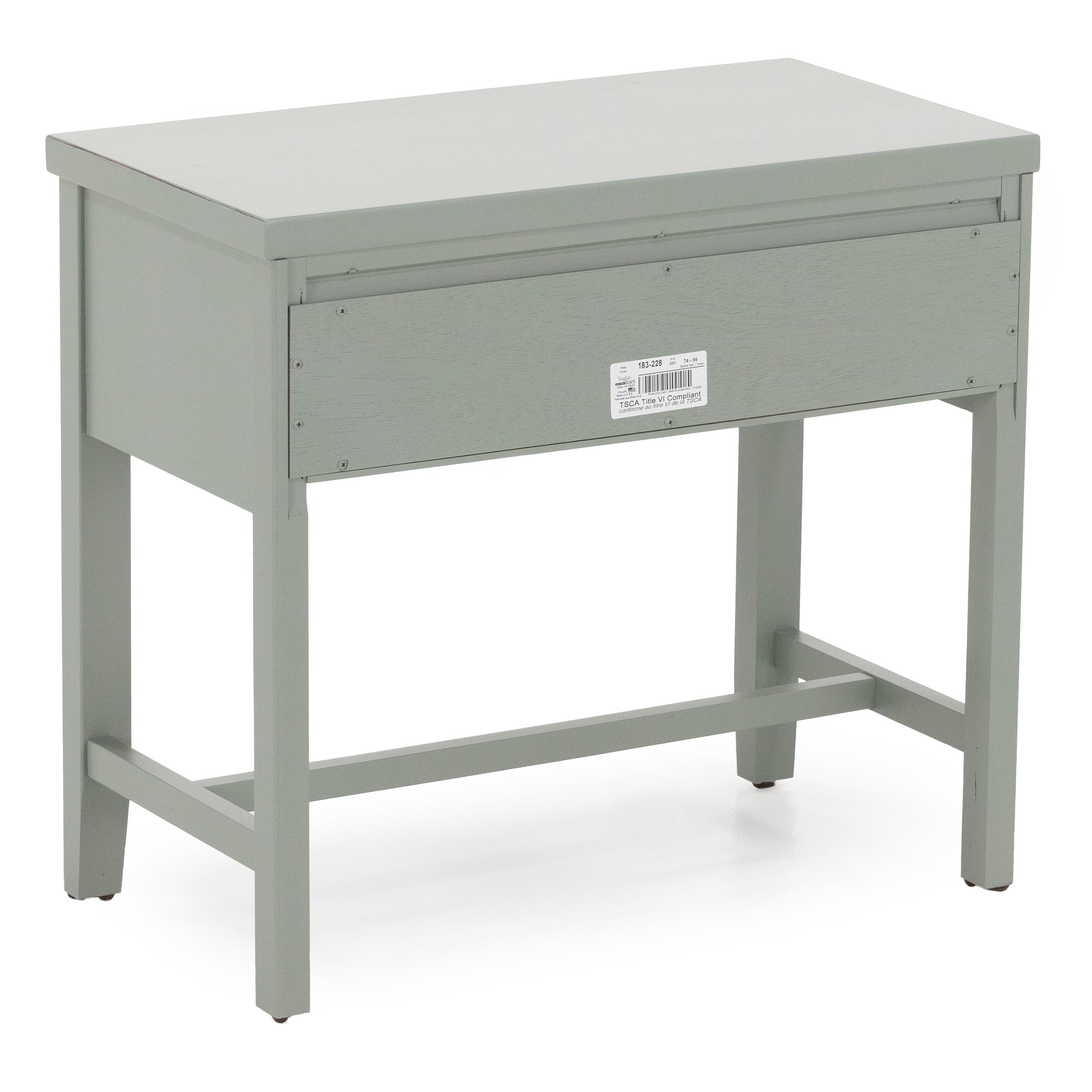 Light gray wooden desk with a barcode label on the front panel.