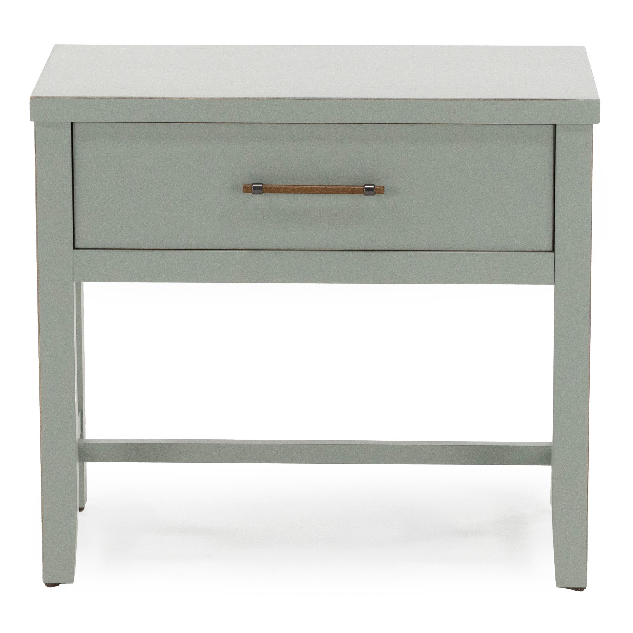 Light gray wooden nightstand with a single drawer and metal handle.